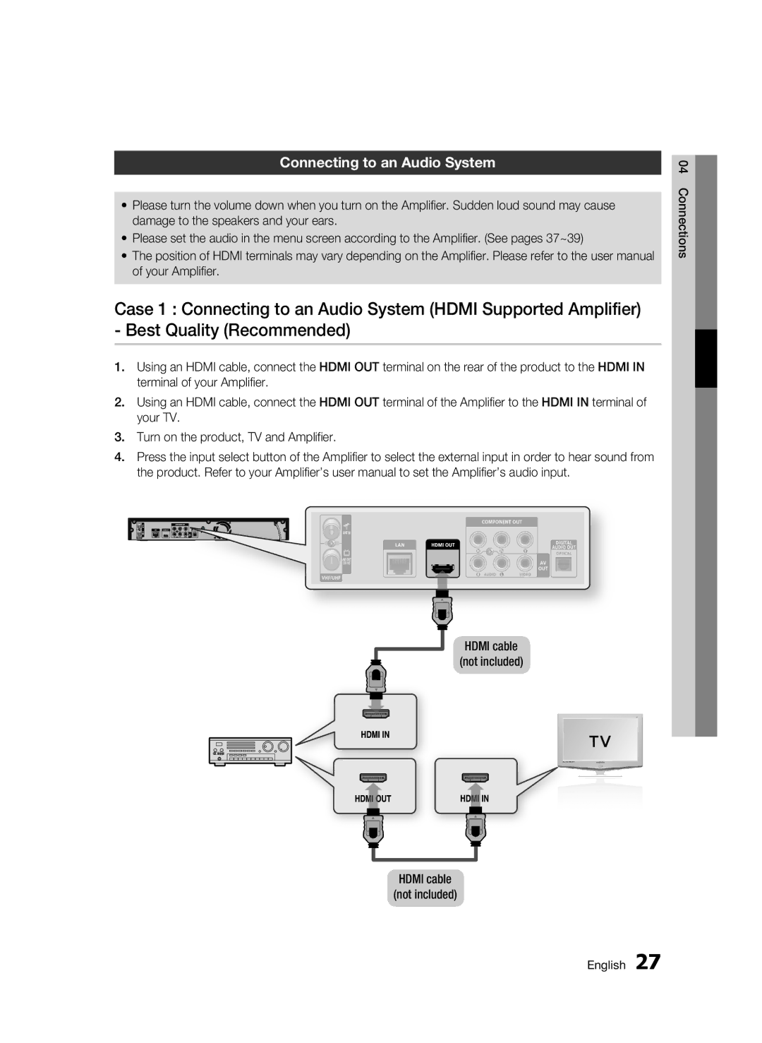 Samsung BD-C8500/XEN, BD-C8200/EDC, BD-C8500/EDC, BD-C8200/XEN manual Connecting to an Audio System, Hdmi cable not included 