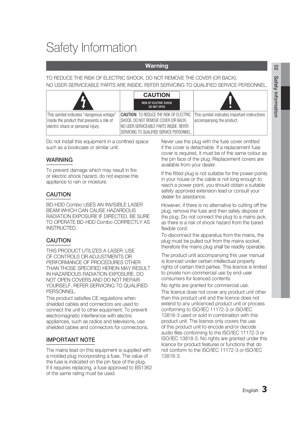 Samsung BD-C8500/XEN, BD-C8200/EDC, BD-C8500/EDC, BD-C8200/XEN, BD-C8200/XEF, BD-C8500/XEF Safety Information, Important Note 