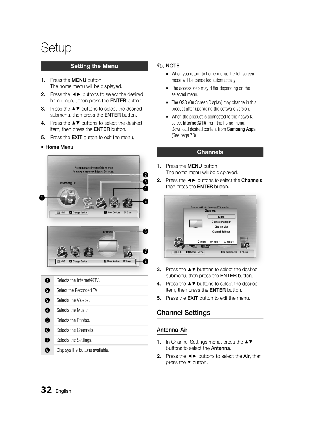 Samsung BD-C8200/EDC, BD-C8500/EDC, BD-C8200/XEN, BD-C8500/XEN Channel Settings, Setting the Menu, Channels, Antenna-Air 