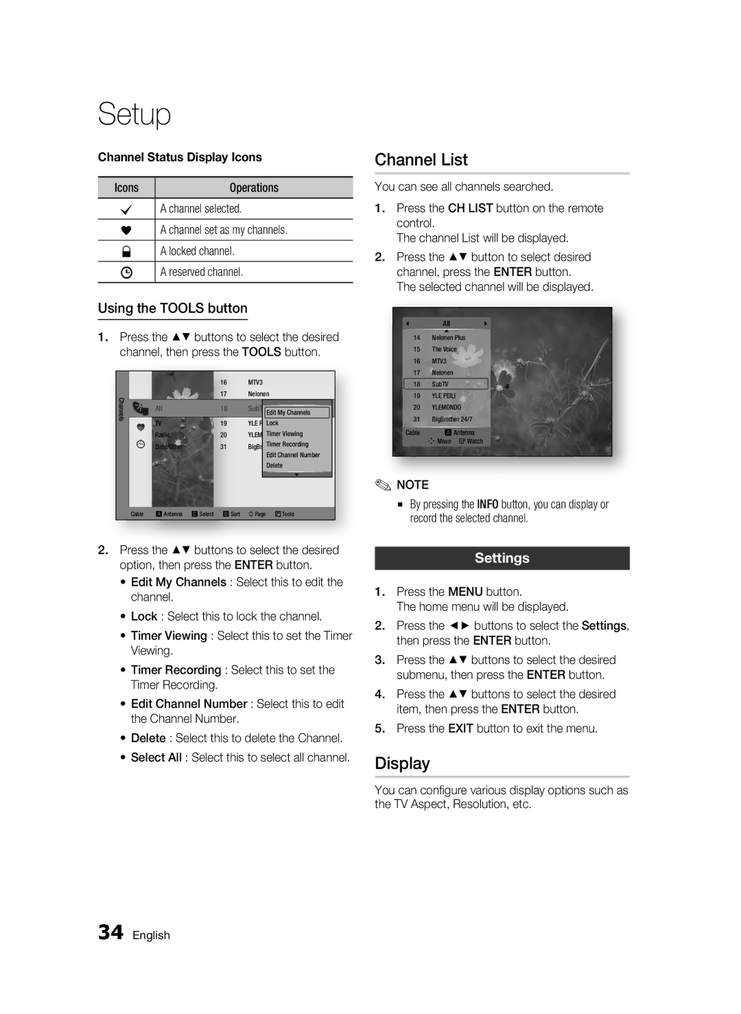 Samsung BD-C8200/XEN, BD-C8200/EDC manual Channel List, Using the Tools button, Settings, Channel Status Display Icons 