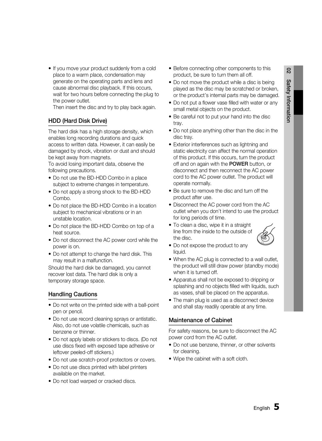 Samsung BD-C8500/XEF, BD-C8200/EDC, BD-C8500/EDC manual HDD Hard Disk Drive, Handling Cautions, Maintenance of Cabinet 