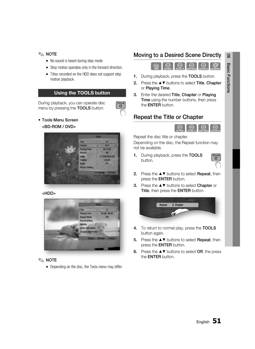 Samsung BD-C8500/XEN manual Moving to a Desired Scene Directly, Repeat the Title or Chapter, Using the Tools button, Hdd 