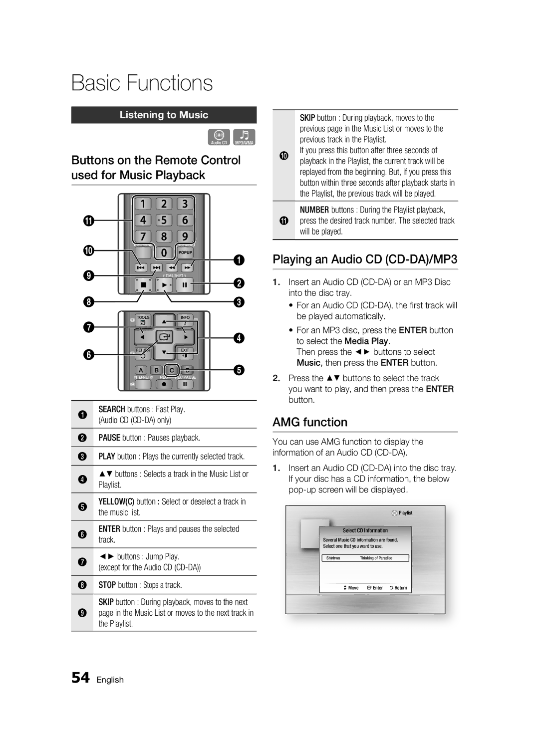 Samsung BD-C8500/XEE Buttons on the Remote Control used for Music Playback, Playing an Audio CD CD-DA/MP3, AMG function 