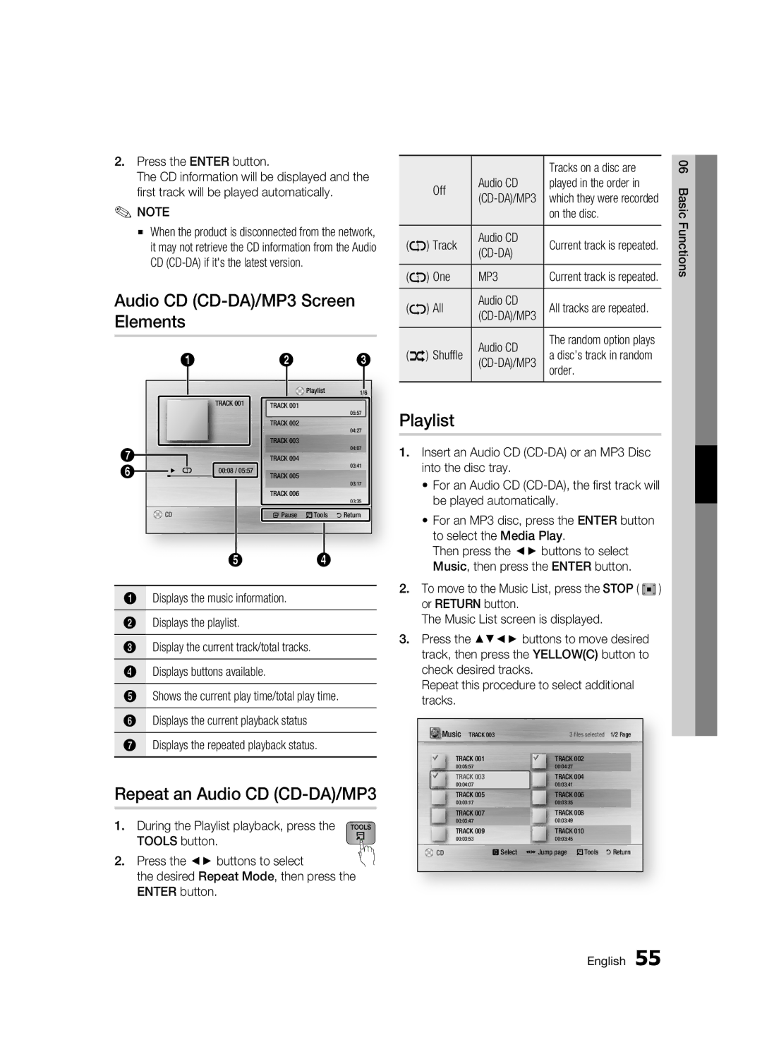 Samsung BD-C8200/XEE, BD-C8200/EDC manual Audio CD CD-DA/MP3 Screen Elements, Repeat an Audio CD CD-DA/MP3, Playlist, Cd-Da 