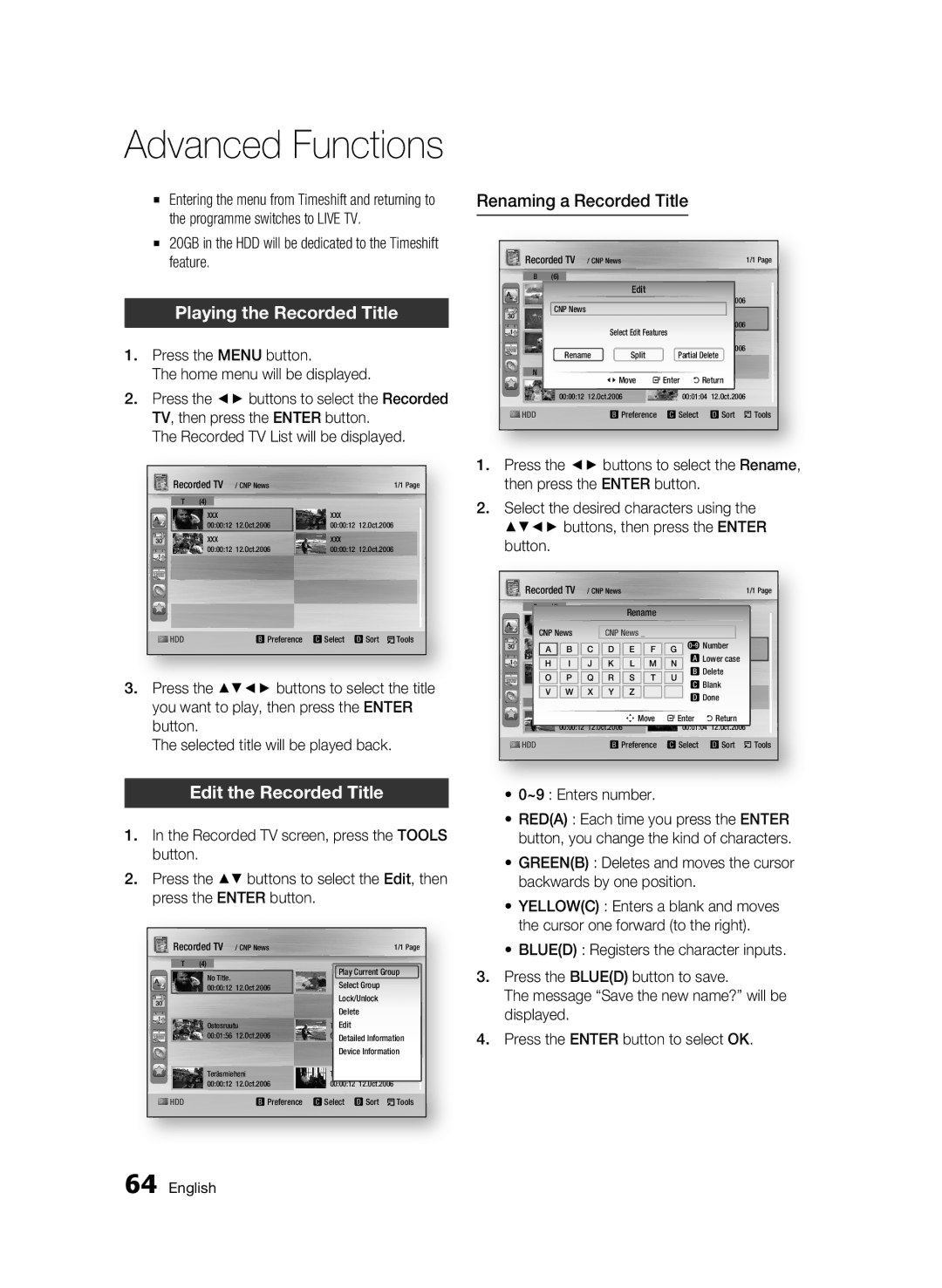 Samsung BD-C8200/EDC, BD-C8500/EDC manual Playing the Recorded Title, Edit the Recorded Title, Renaming a Recorded Title 