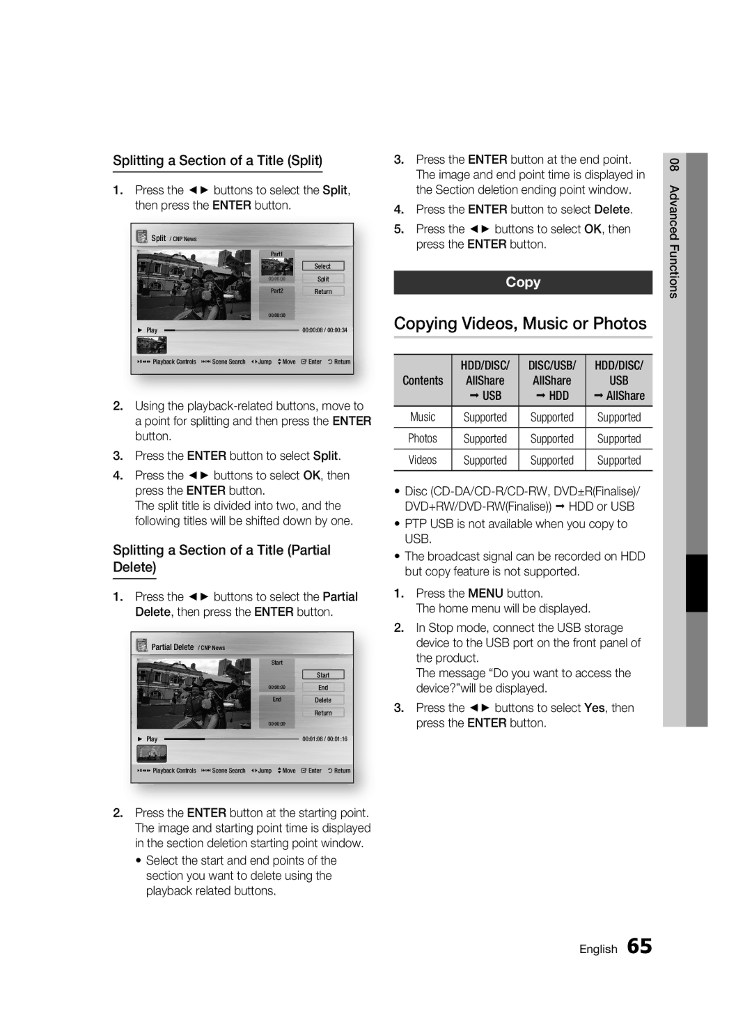 Samsung BD-C8500/EDC, BD-C8200/EDC manual Copying Videos, Music or Photos, Splitting a Section of a Title Split, Usb Hdd 