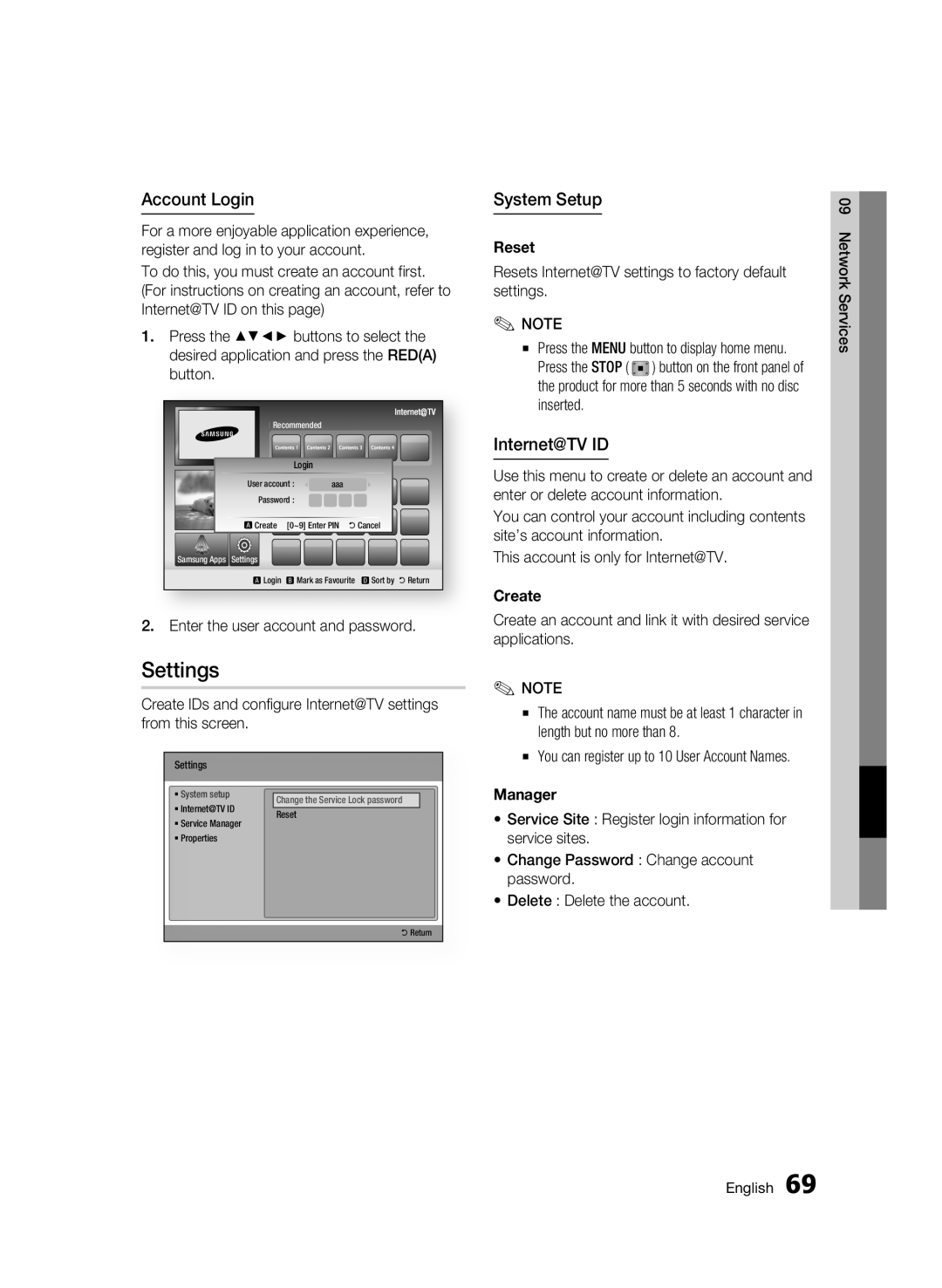 Samsung BD-C8500/XEF, BD-C8200/EDC, BD-C8500/EDC, BD-C8200/XEN manual Settings, Account Login, System Setup, Internet@TV ID 