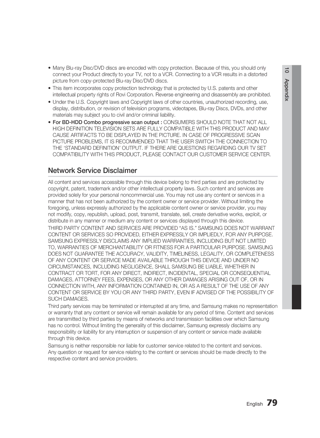 Samsung BD-C8200/XEE, BD-C8200/EDC, BD-C8500/EDC, BD-C8200/XEN, BD-C8500/XEN, BD-C8200/XEF manual Network Service Disclaimer 