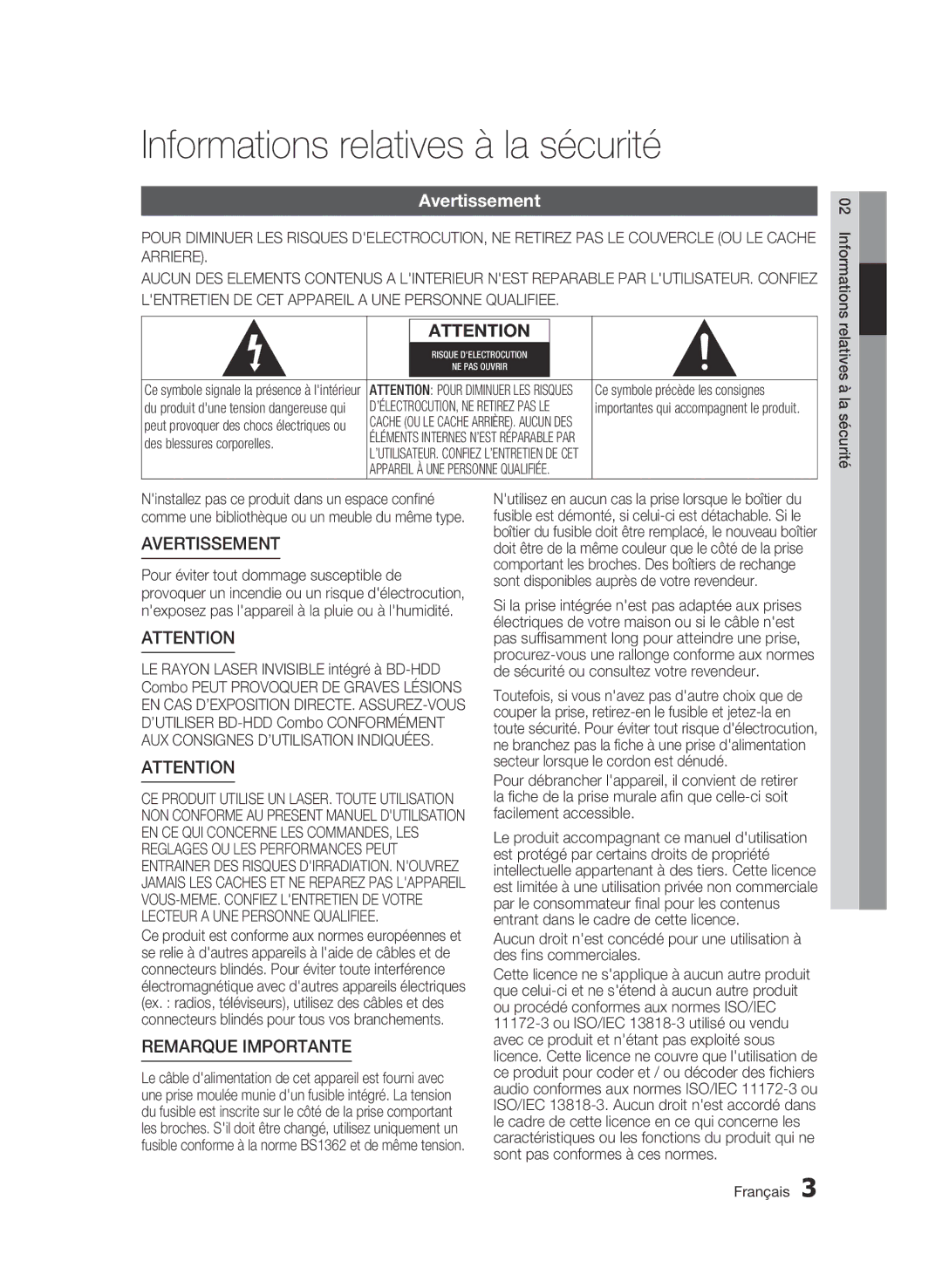 Samsung BD-C8500/XEE, BD-C8200/EDC Informations relatives à la sécurité, Avertissement, Ce symbole précède les consignes 