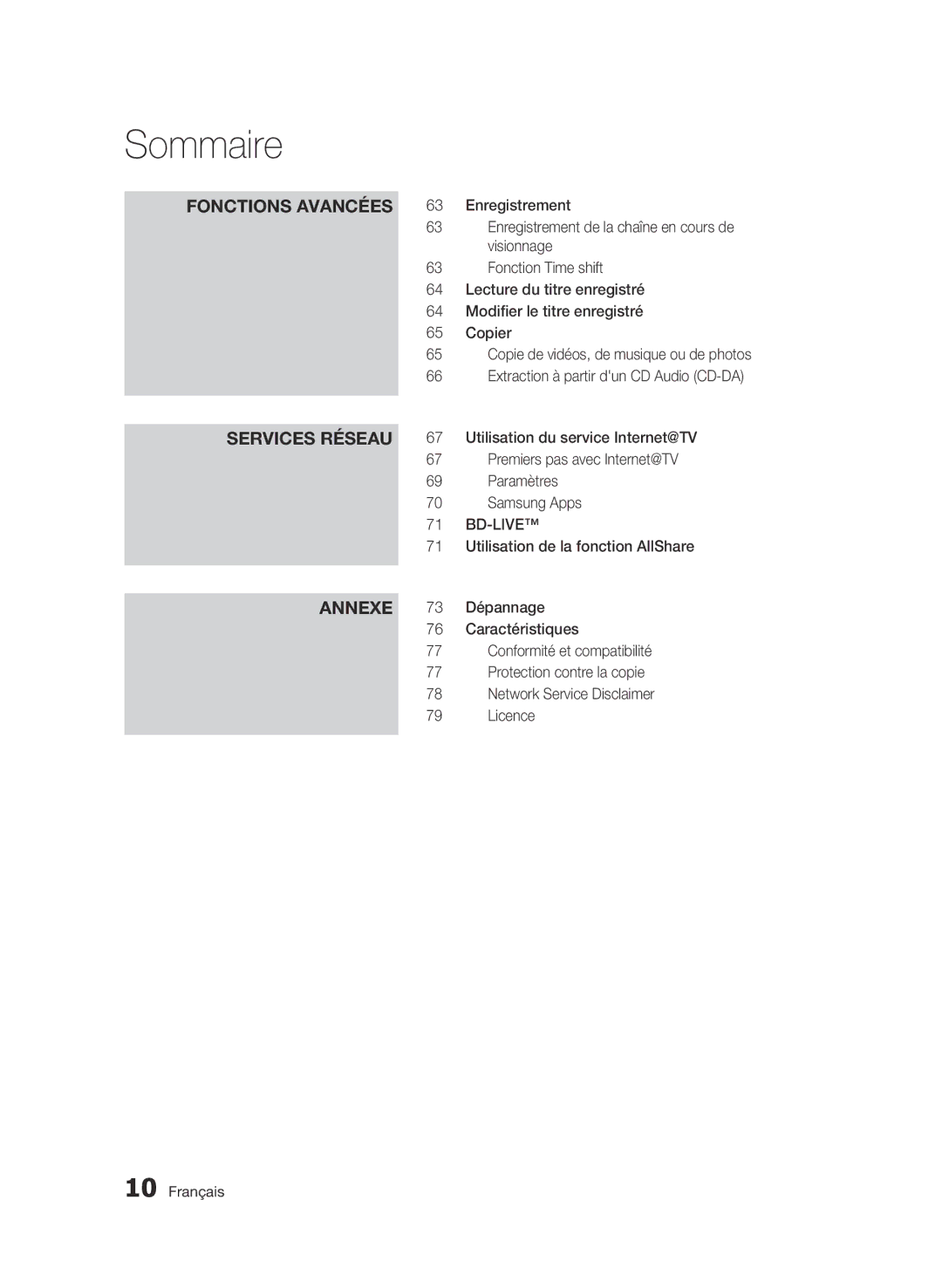 Samsung BD-C8500/XEF manual Utilisation de la fonction AllShare, Dépannage, Caractéristiques, Conformité et compatibilité 