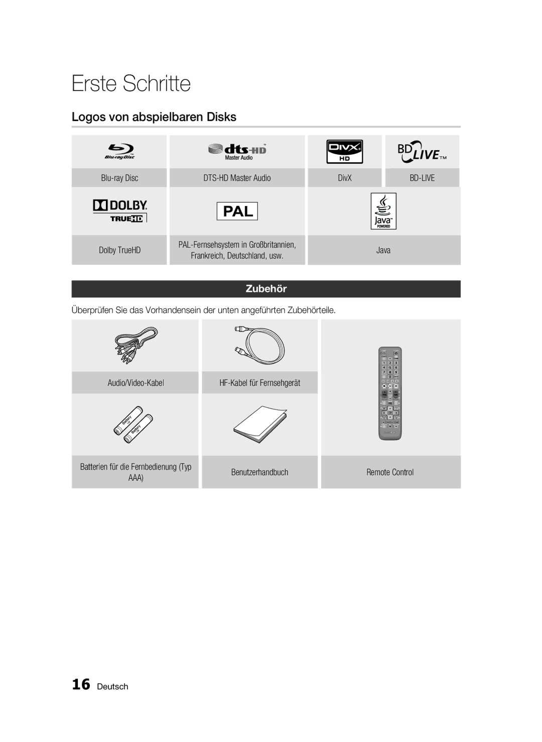 Samsung BD-C8200/XEF, BD-C8200/EDC Logos von abspielbaren Disks, Zubehör, Aaa, HF-Kabel für Fernsehgerät Benutzerhandbuch 