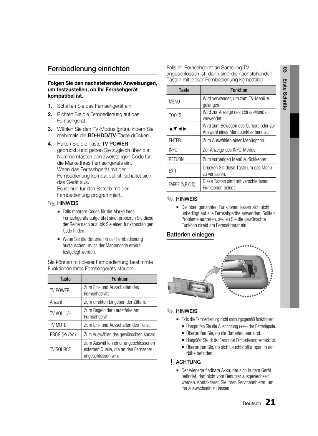 Samsung BD-C8500/XEN, BD-C8200/EDC, BD-C8500/EDC, BD-C8200/XEN, BD-C8200/XEF Fernbedienung einrichten, Batterien einlegen 