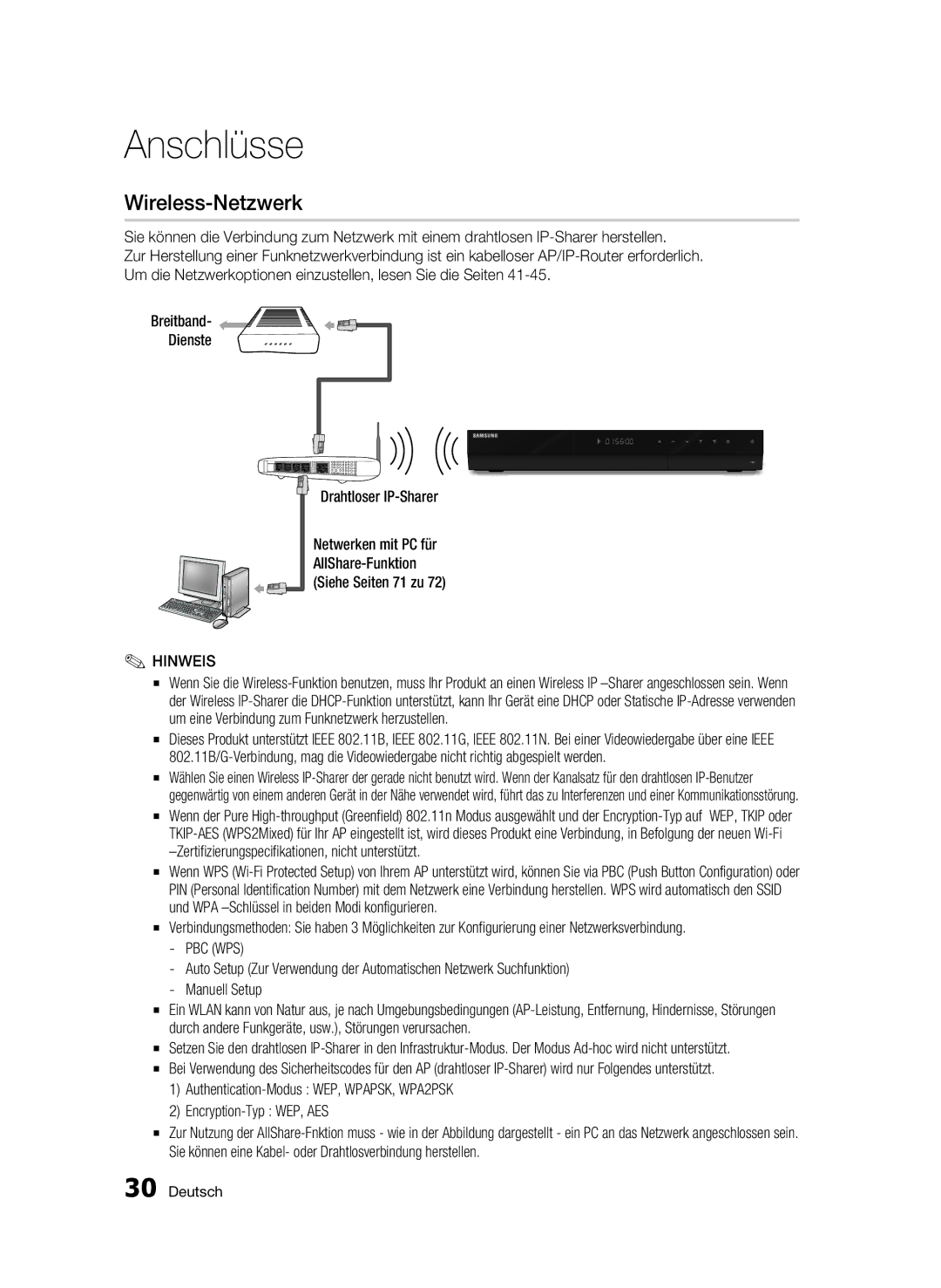 Samsung BD-C8200/EDC, BD-C8500/EDC, BD-C8200/XEN, BD-C8500/XEN, BD-C8200/XEF, BD-C8500/XEF manual Wireless-Netzwerk, Pbc Wps 