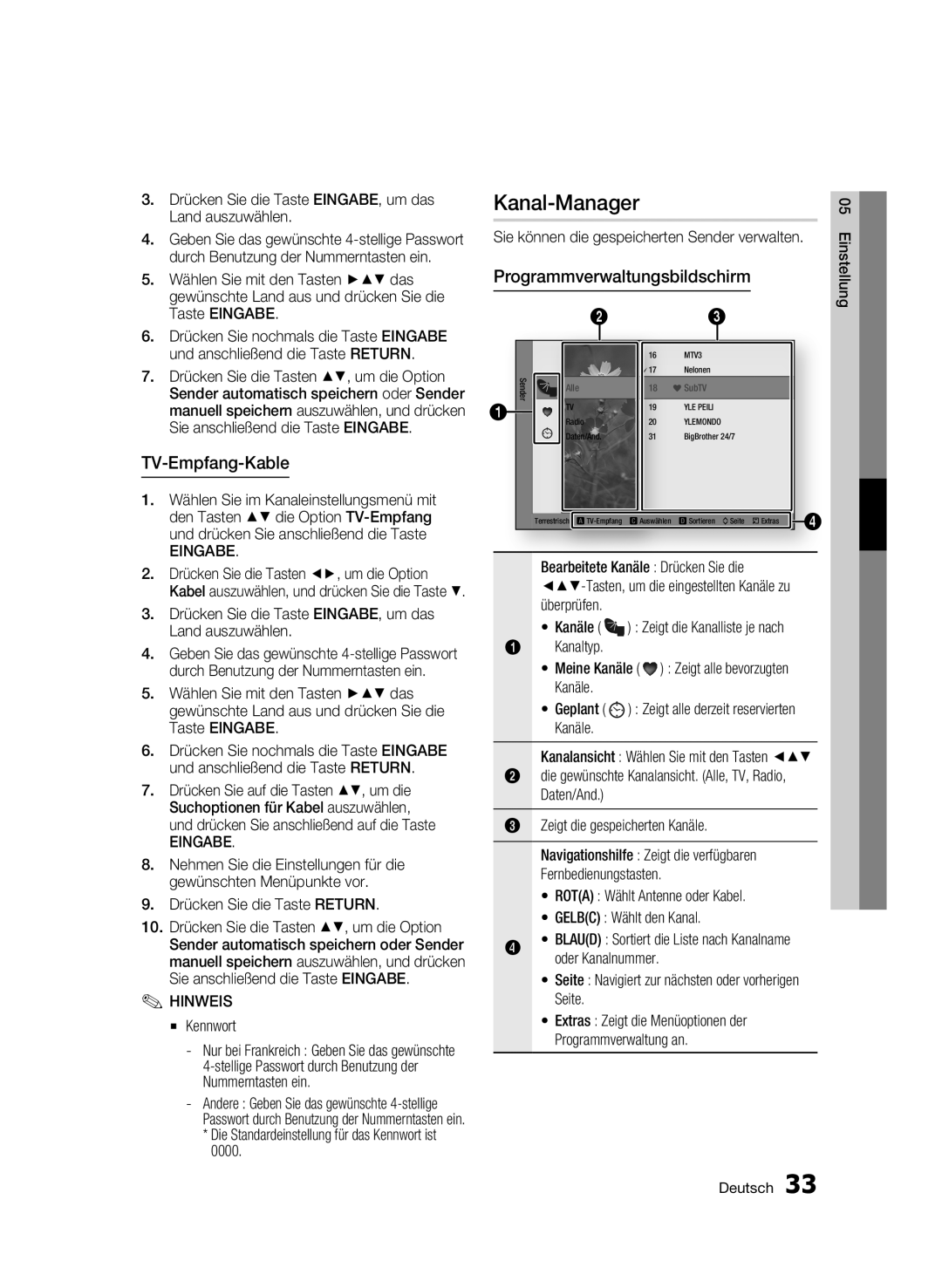 Samsung BD-C8500/XEN, BD-C8200/EDC, BD-C8500/EDC, BD-C8200/XEN, BD-C8200/XEF manual Kanal-Manager, TV-Empfang-Kable, Eingabe 