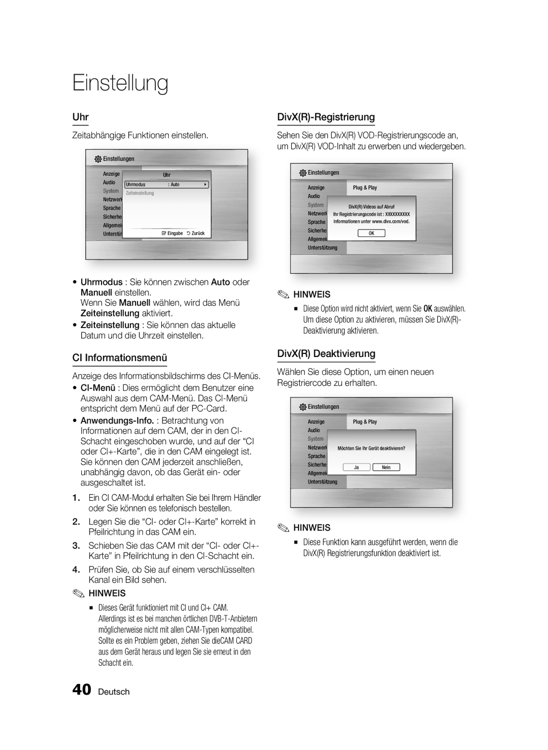 Samsung BD-C8200/XEF, BD-C8200/EDC, BD-C8500/EDC manual Uhr, CI Informationsmenü, DivXR-Registrierung, DivXR Deaktivierung 