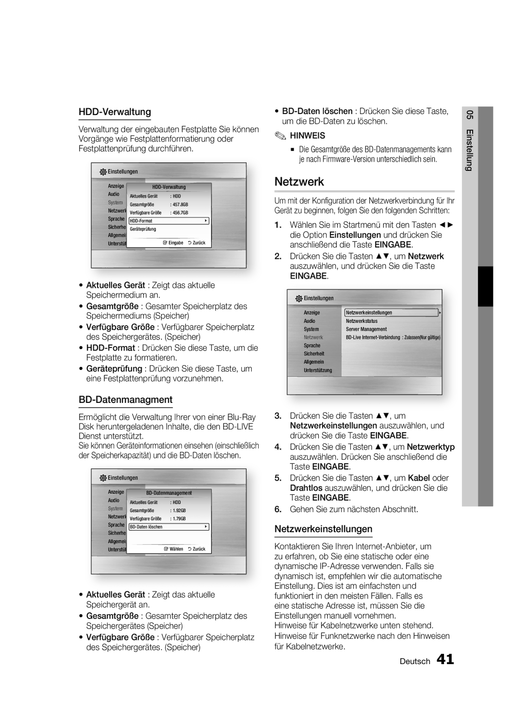 Samsung BD-C8500/XEF, BD-C8200/EDC, BD-C8500/EDC, BD-C8200/XEN HDD-Verwaltung, BD-Datenmanagment, Netzwerkeinstellungen 