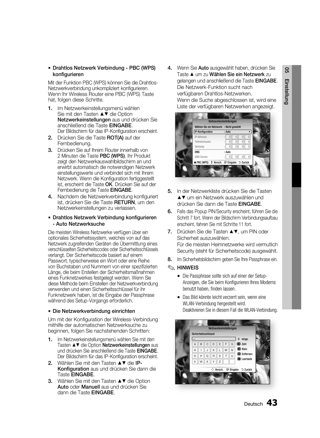 Samsung BD-C8500/EDC  Die Netzwerkverbindung einrichten, Drücken Sie die Tasten , um PIN oder Sicherheit auszuwählen 