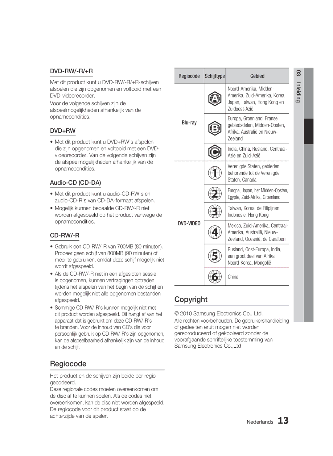 Samsung BD-C8500/EDC, BD-C8200/EDC, BD-C8200/XEN, BD-C8500/XEN, BD-C8200/XEF manual Regiocode, Copyright, Audio-CD CD-DA 