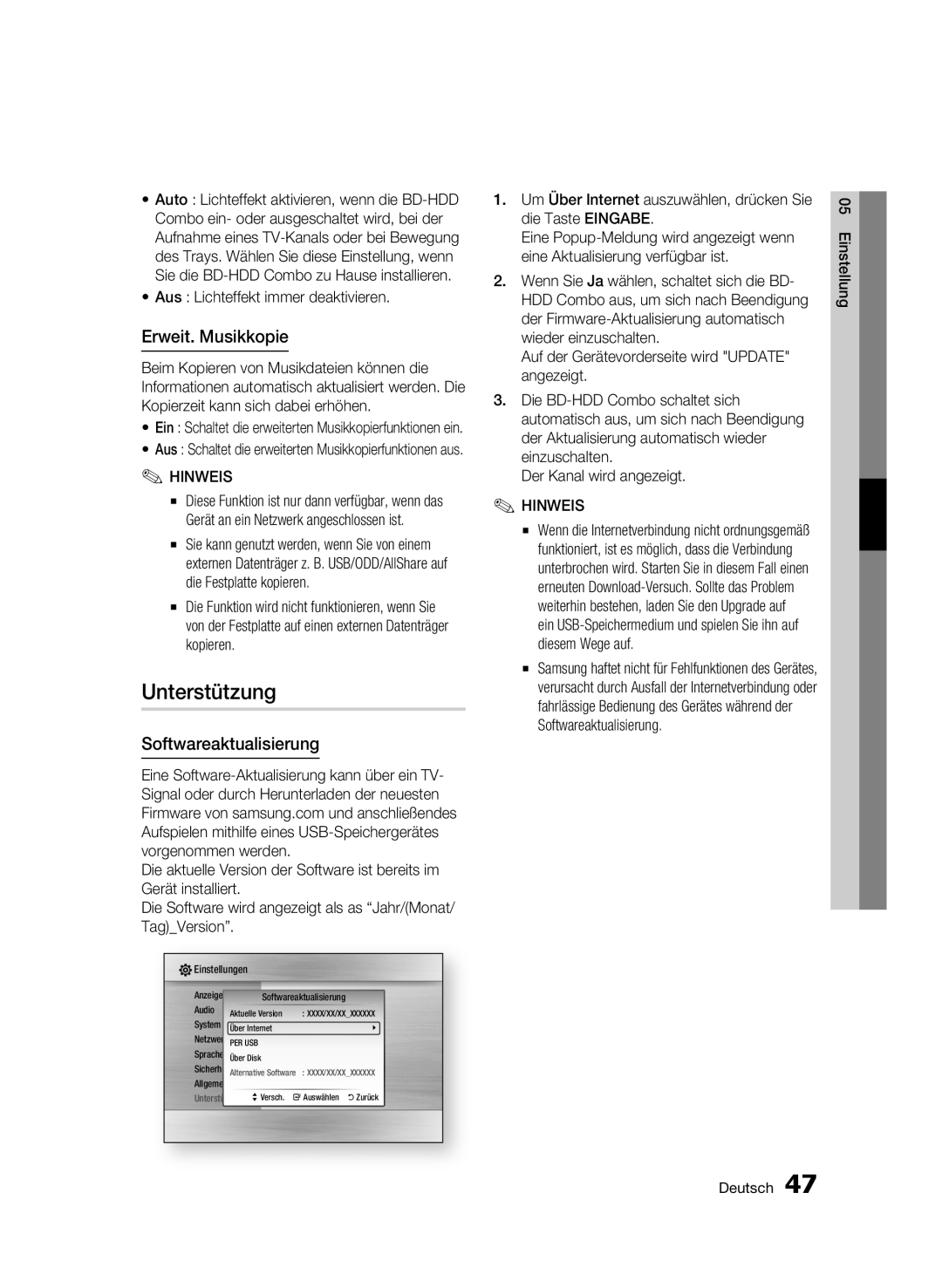 Samsung BD-C8500/XEF manual Unterstützung, Erweit. Musikkopie, Softwareaktualisierung, Aus Lichteffekt immer deaktivieren 