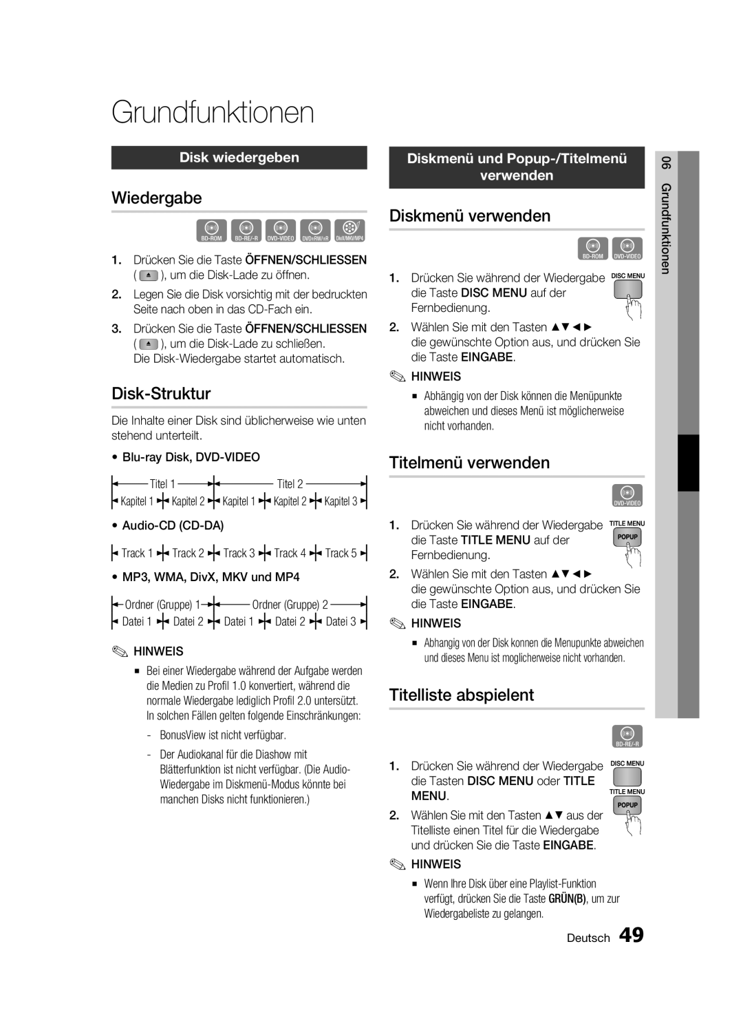 Samsung BD-C8500/EDC, BD-C8200/EDC, BD-C8200/XEN, BD-C8500/XEN, BD-C8200/XEF, BD-C8500/XEF manual Grundfunktionen 