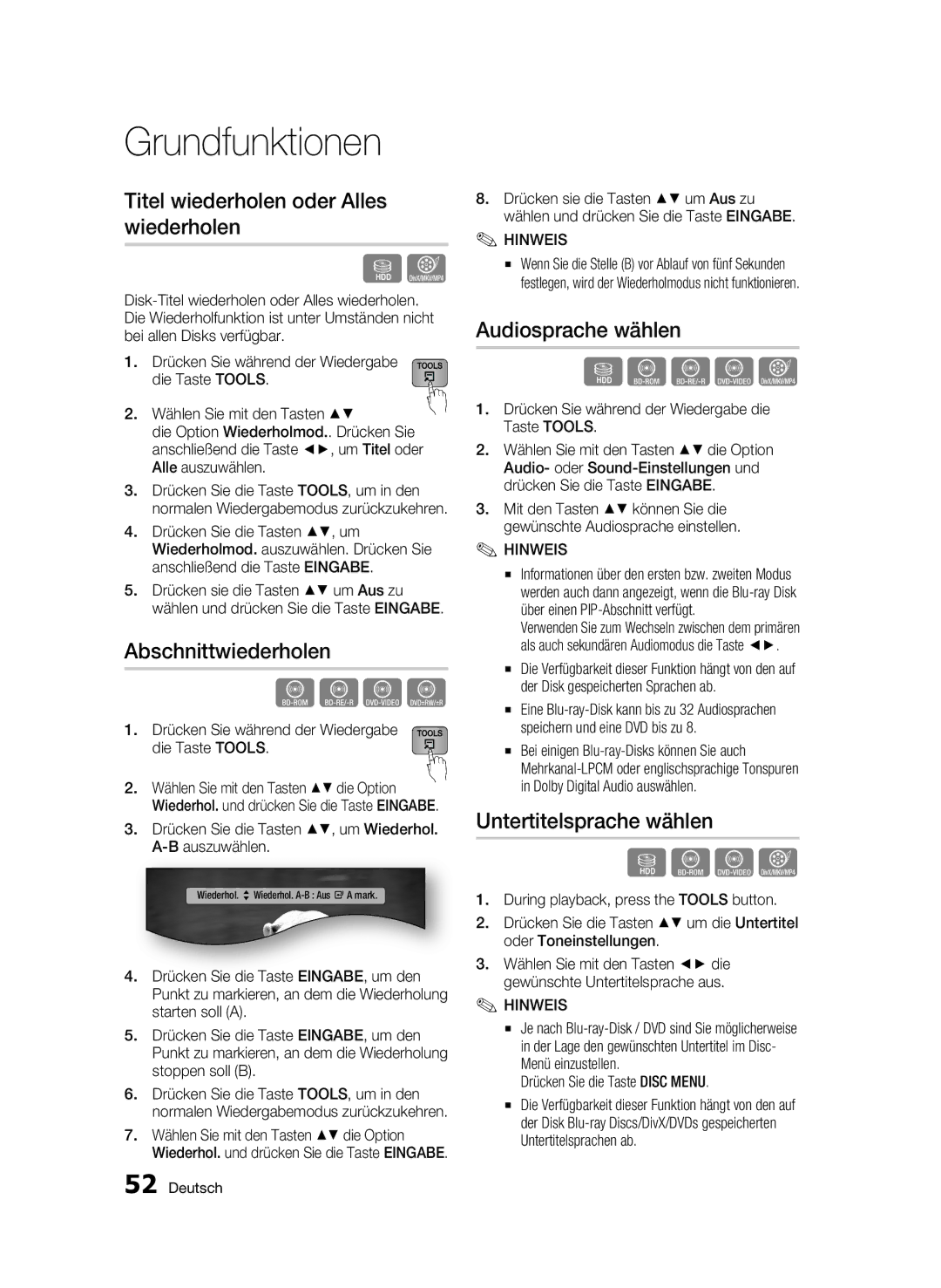 Samsung BD-C8200/XEF, BD-C8200/EDC Titel wiederholen oder Alles wiederholen, Abschnittwiederholen, Audiosprache wählen 