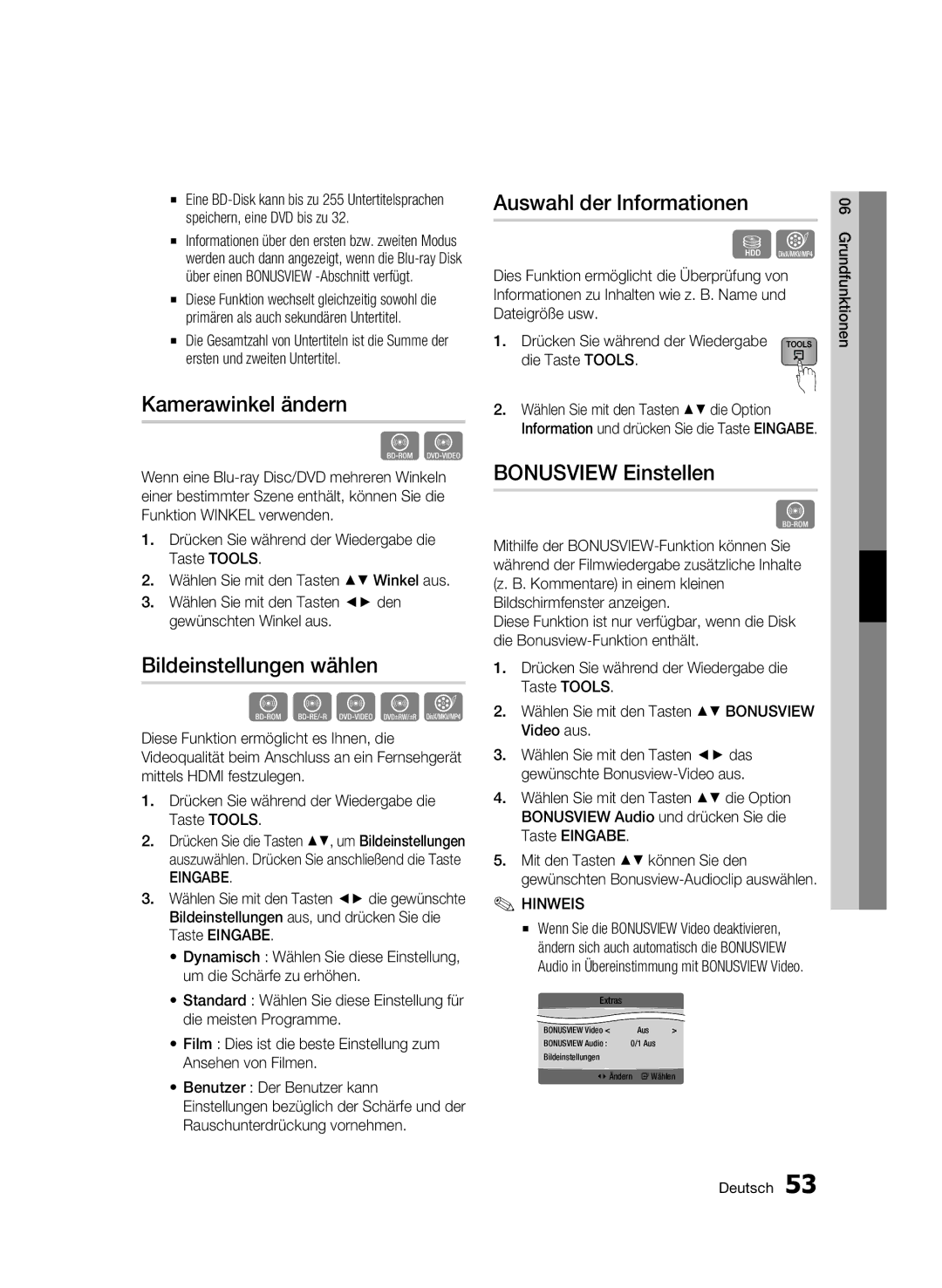 Samsung BD-C8500/XEF manual Kamerawinkel ändern, Bildeinstellungen wählen, Auswahl der Informationen, Bonusview Einstellen 