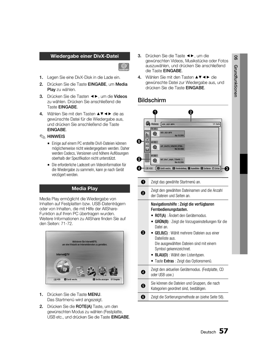 Samsung BD-C8500/XEN, BD-C8200/EDC, BD-C8500/EDC, BD-C8200/XEN manual Bildschirm, Wiedergabe einer DivX-Datei, Eingabe Hinweis 