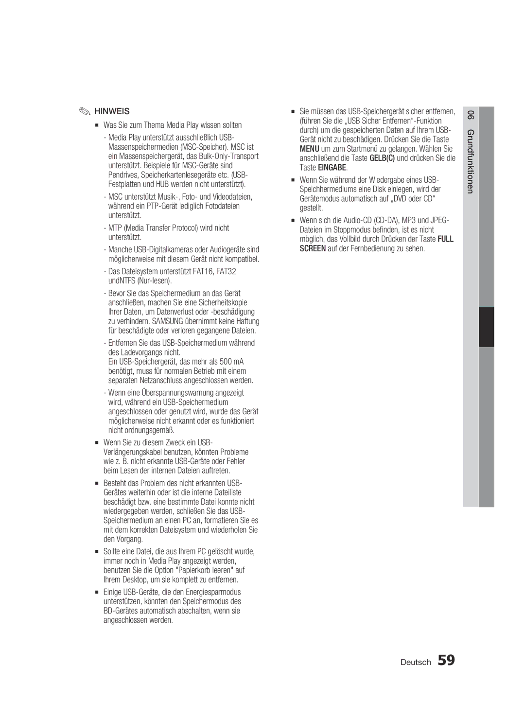 Samsung BD-C8500/XEF manual Was Sie zum Thema Media Play wissen sollten, MTP Media Transfer Protocol wird nicht unterstützt 