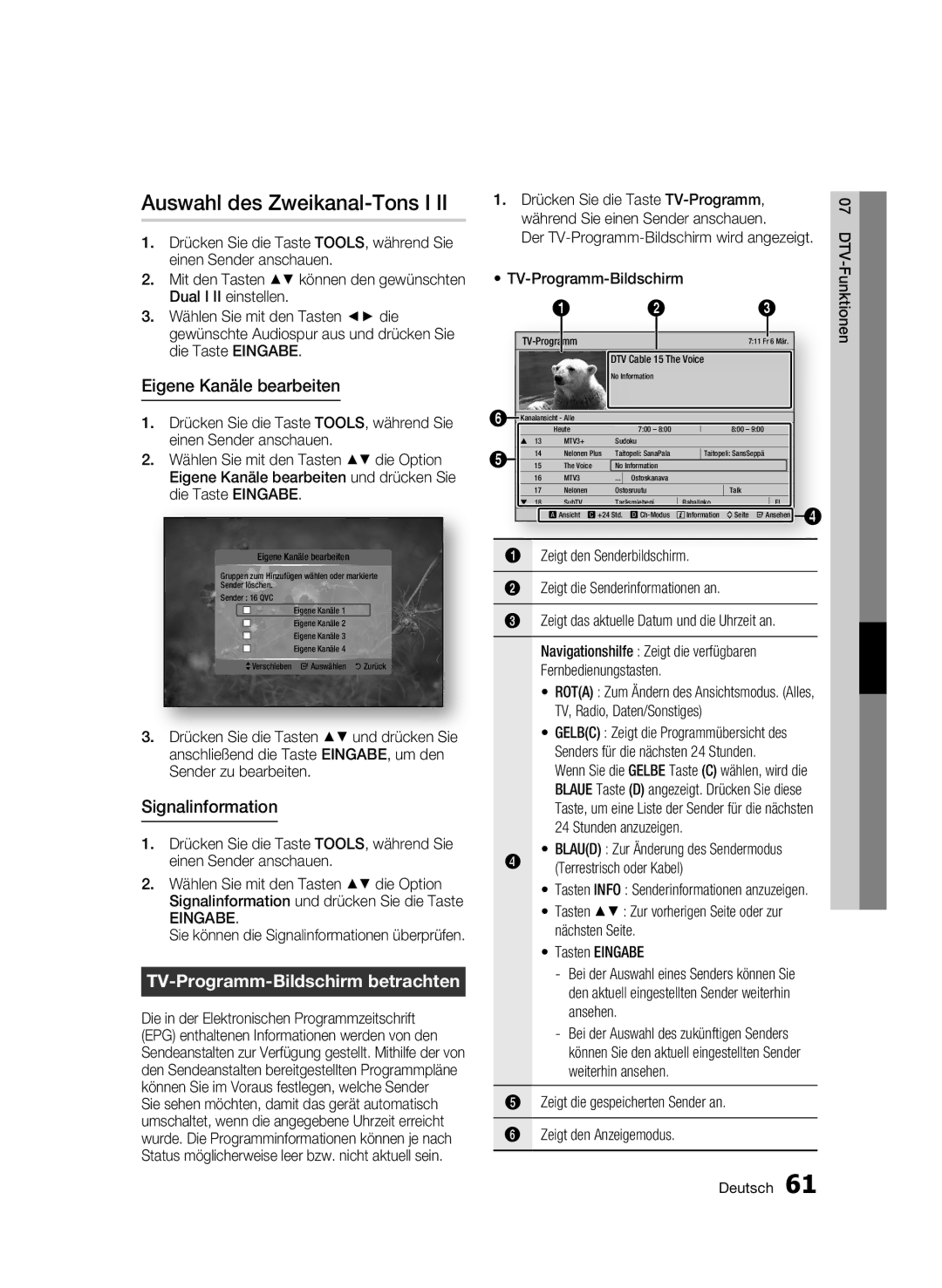 Samsung BD-C8500/EDC, BD-C8200/EDC, BD-C8200/XEN Auswahl des Zweikanal-Tons I, Eigene Kanäle bearbeiten, Signalinformation 