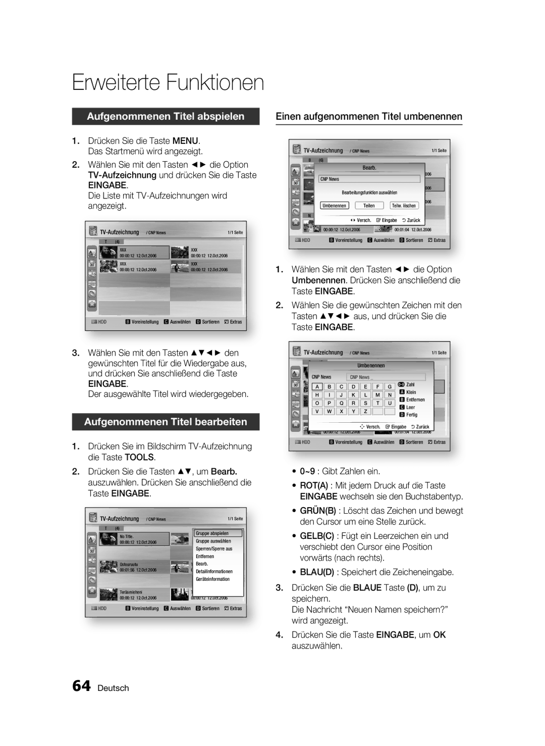 Samsung BD-C8200/XEF Aufgenommenen Titel abspielen, Aufgenommenen Titel bearbeiten, Einen aufgenommenen Titel umbenennen 