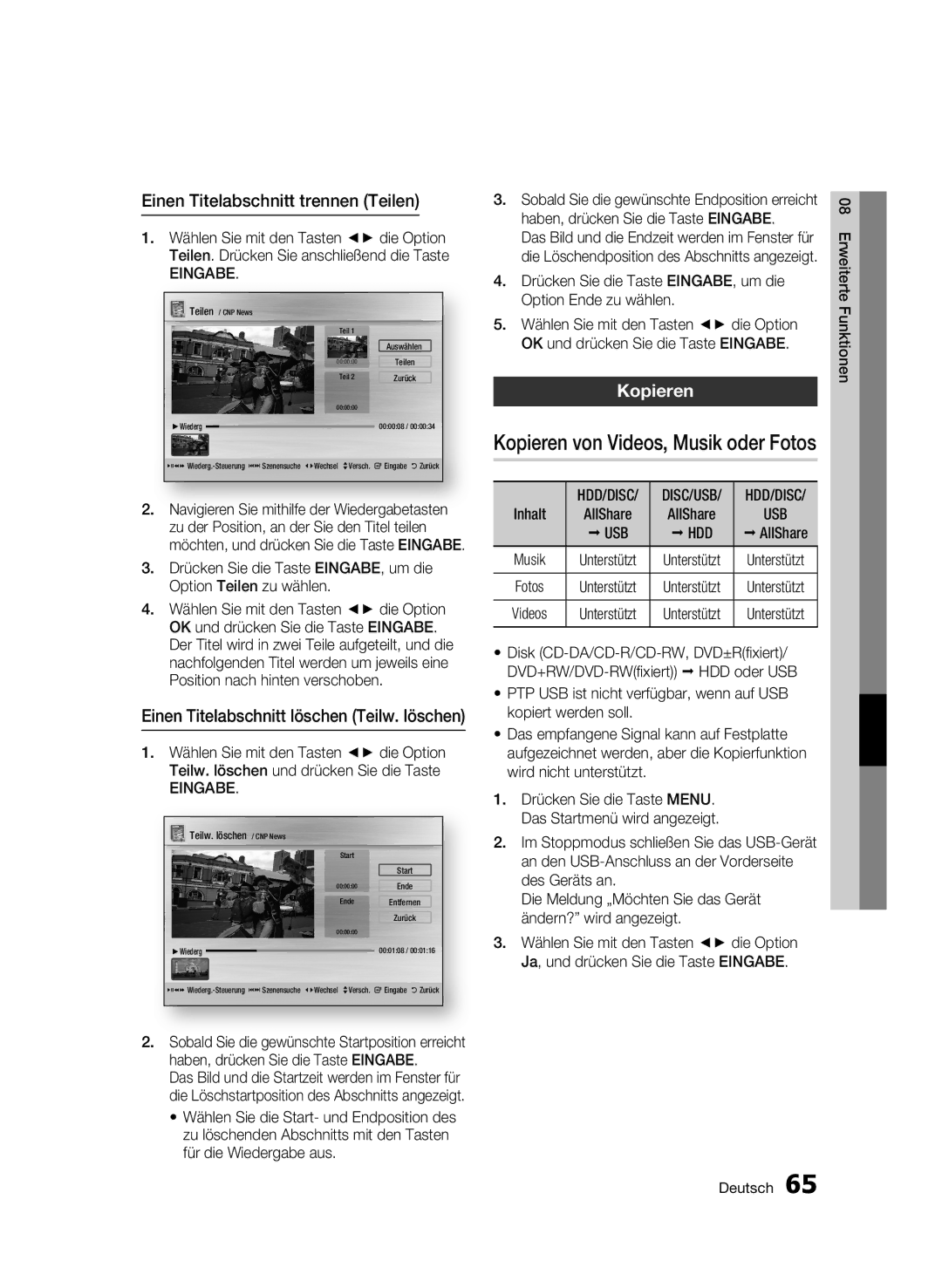 Samsung BD-C8500/XEF, BD-C8200/EDC, BD-C8500/EDC, BD-C8200/XEN, BD-C8500/XEN Einen Titelabschnitt trennen Teilen, Kopieren 