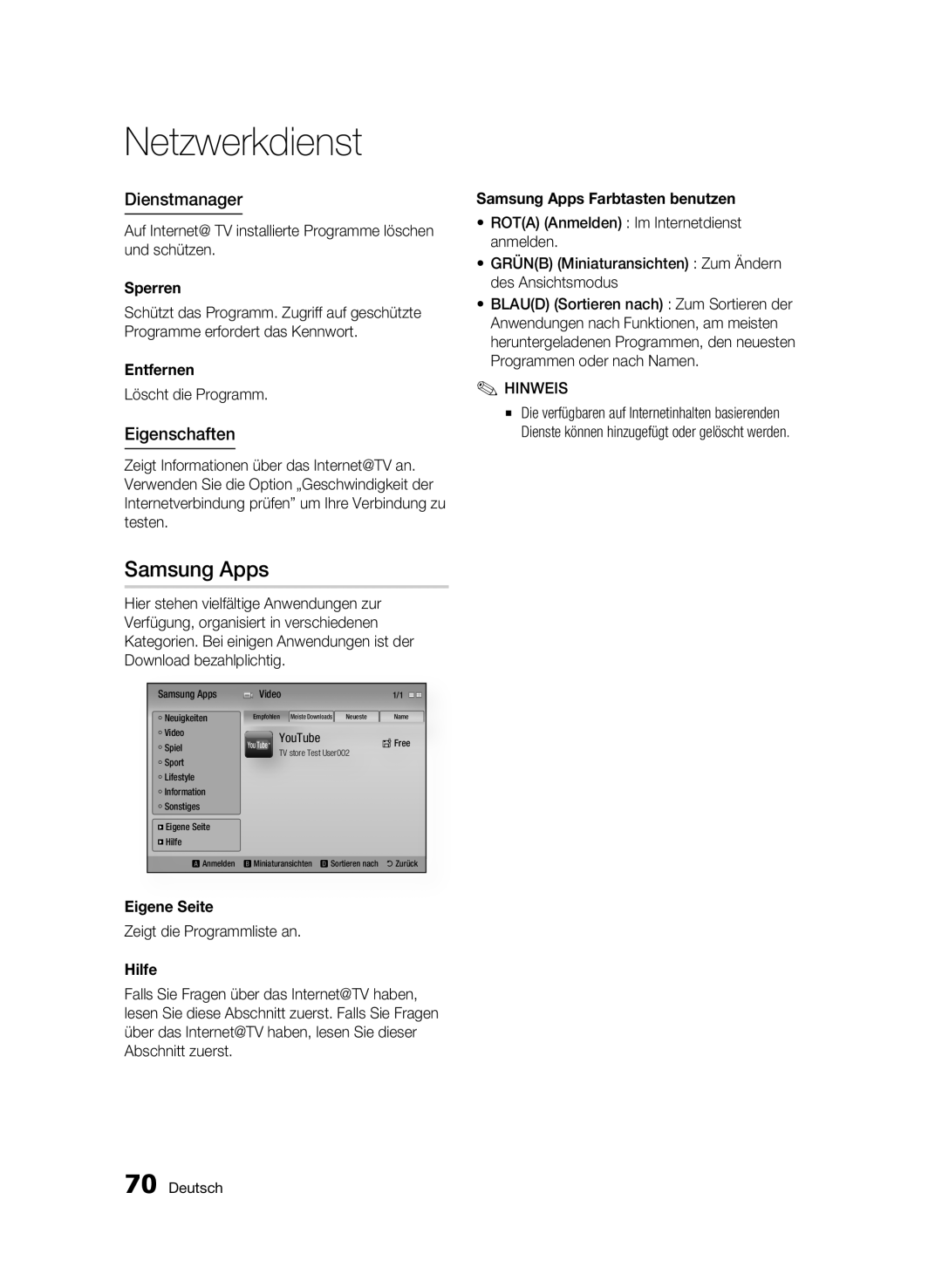 Samsung BD-C8200/XEF, BD-C8200/EDC, BD-C8500/EDC, BD-C8200/XEN, BD-C8500/XEN, BD-C8500/XEF manual Dienstmanager, Eigenschaften 