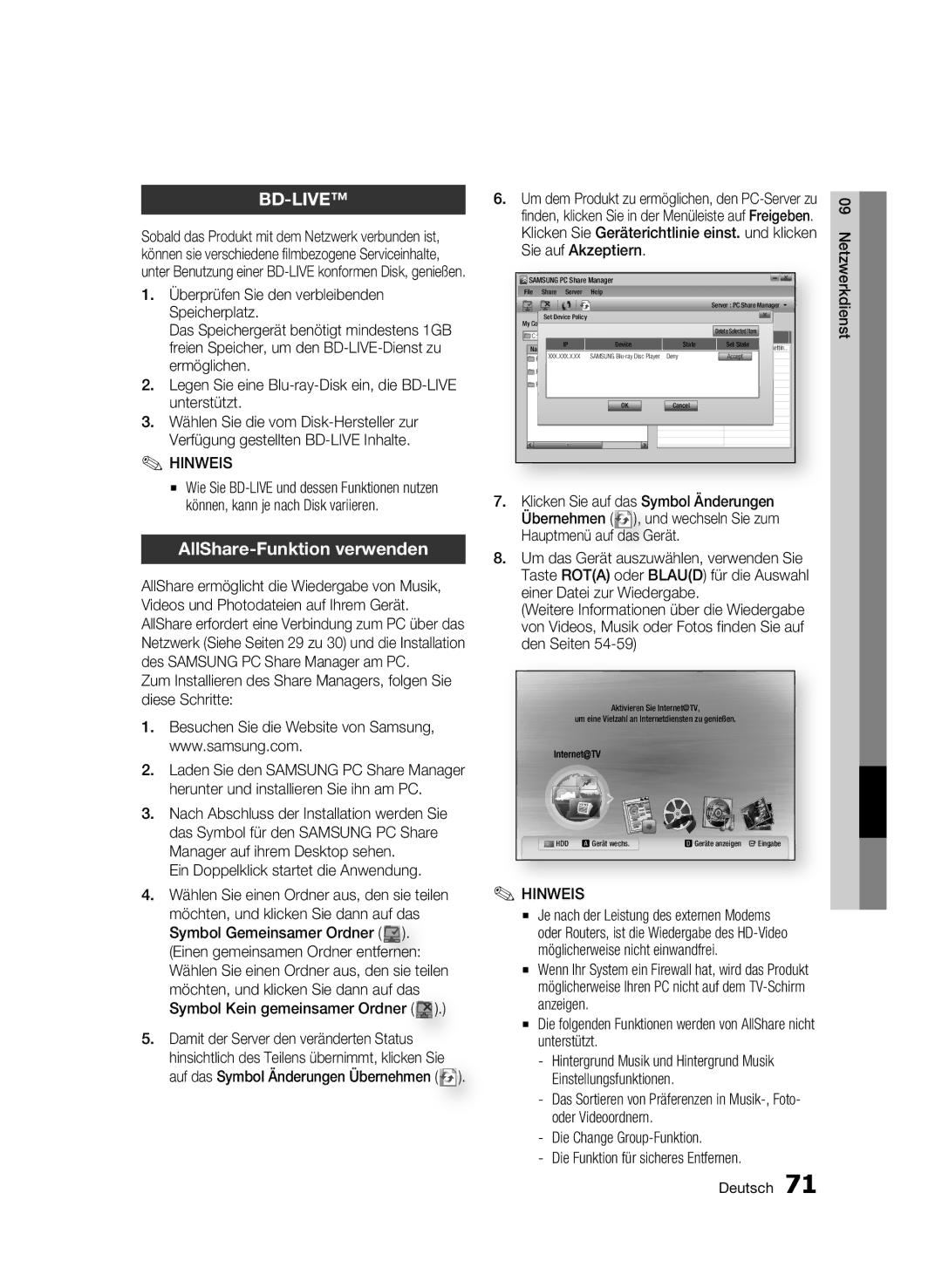 Samsung BD-C8500/XEF, BD-C8200/EDC, BD-C8500/EDC manual AllShare-Funktion verwenden, Ein Doppelklick startet die Anwendung 