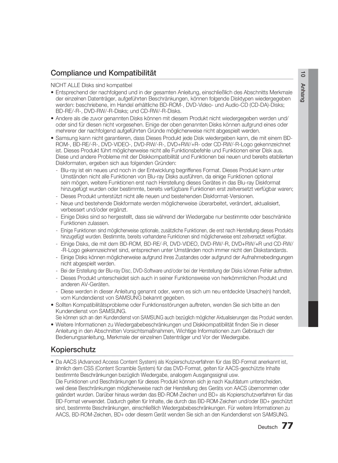 Samsung BD-C8500/XEF, BD-C8200/EDC manual Compliance und Kompatibilität, Kopierschutz, Nicht Alle Disks sind kompatibel 