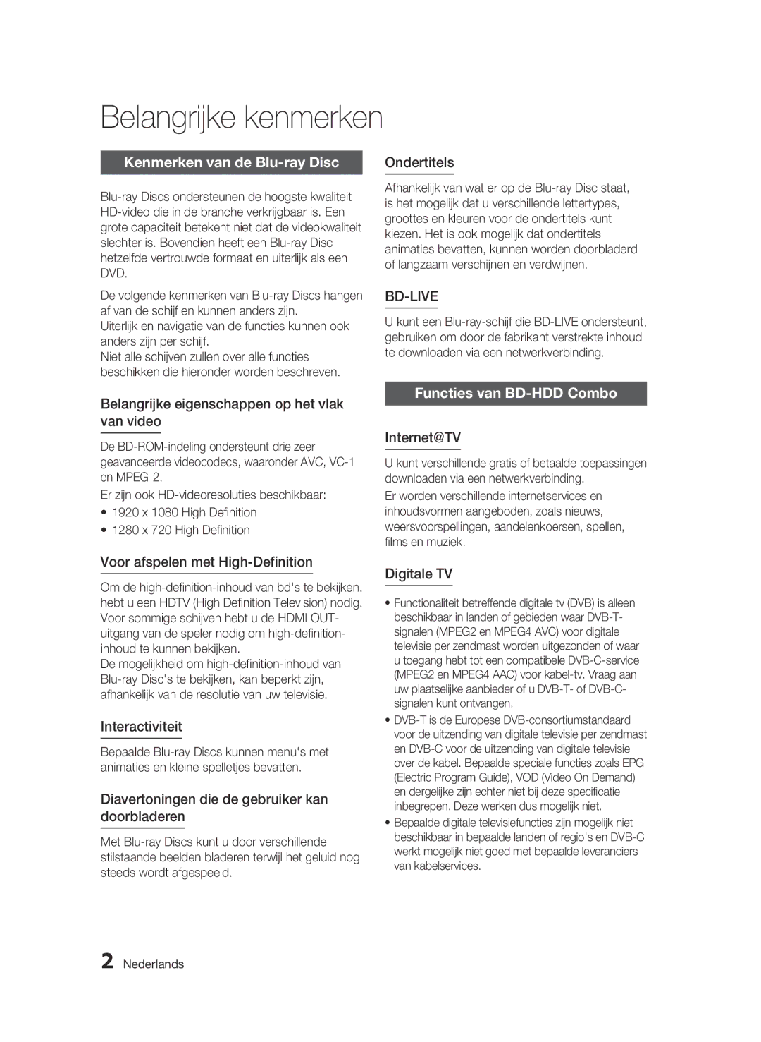 Samsung BD-C8200/XEN, BD-C8200/EDC manual Belangrijke kenmerken, Kenmerken van de Blu-ray Disc, Functies van BD-HDD Combo 