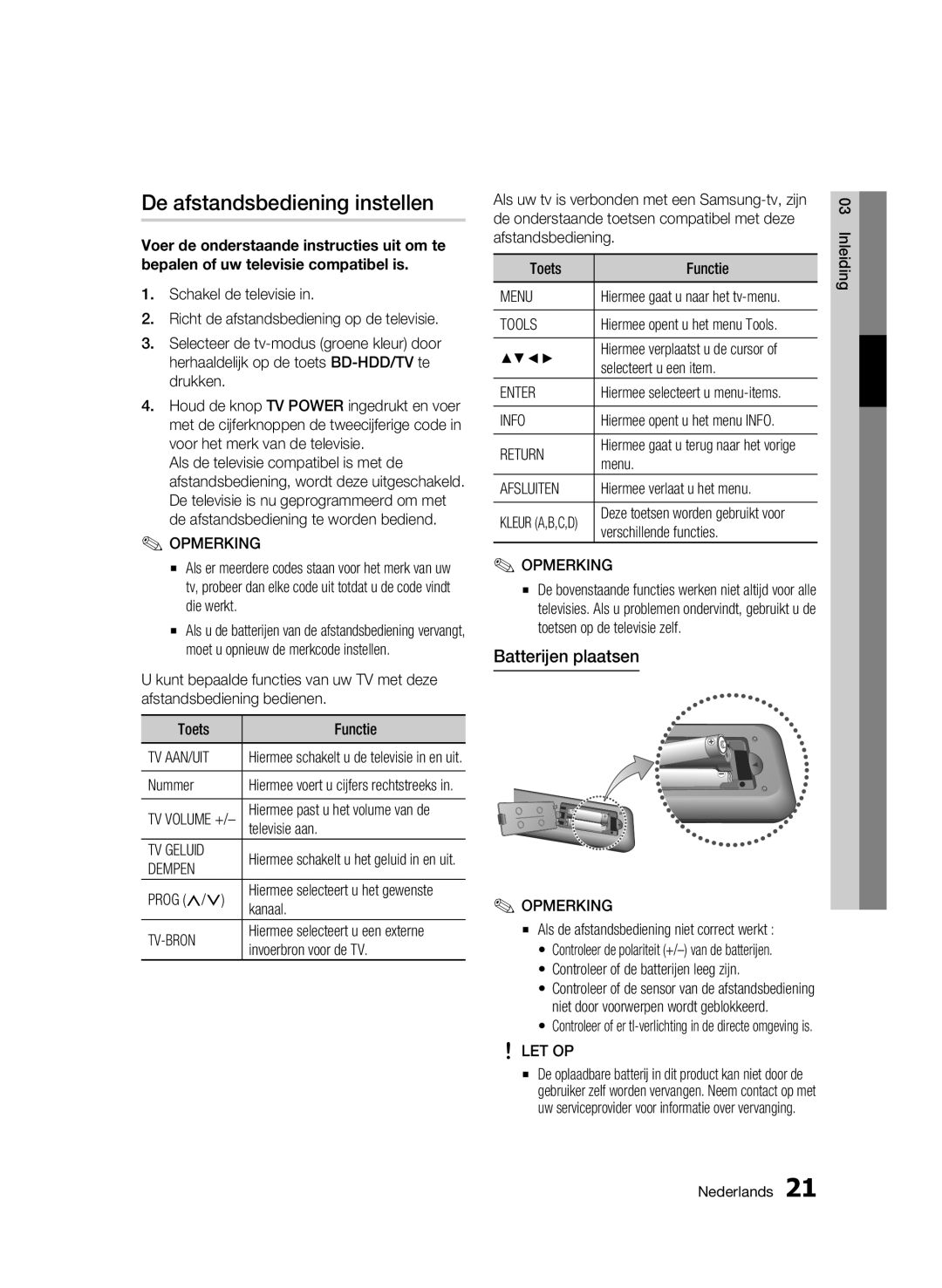 Samsung BD-C8500/XEN, BD-C8200/EDC, BD-C8500/EDC, BD-C8200/XEN manual De afstandsbediening instellen, Batterijen plaatsen 