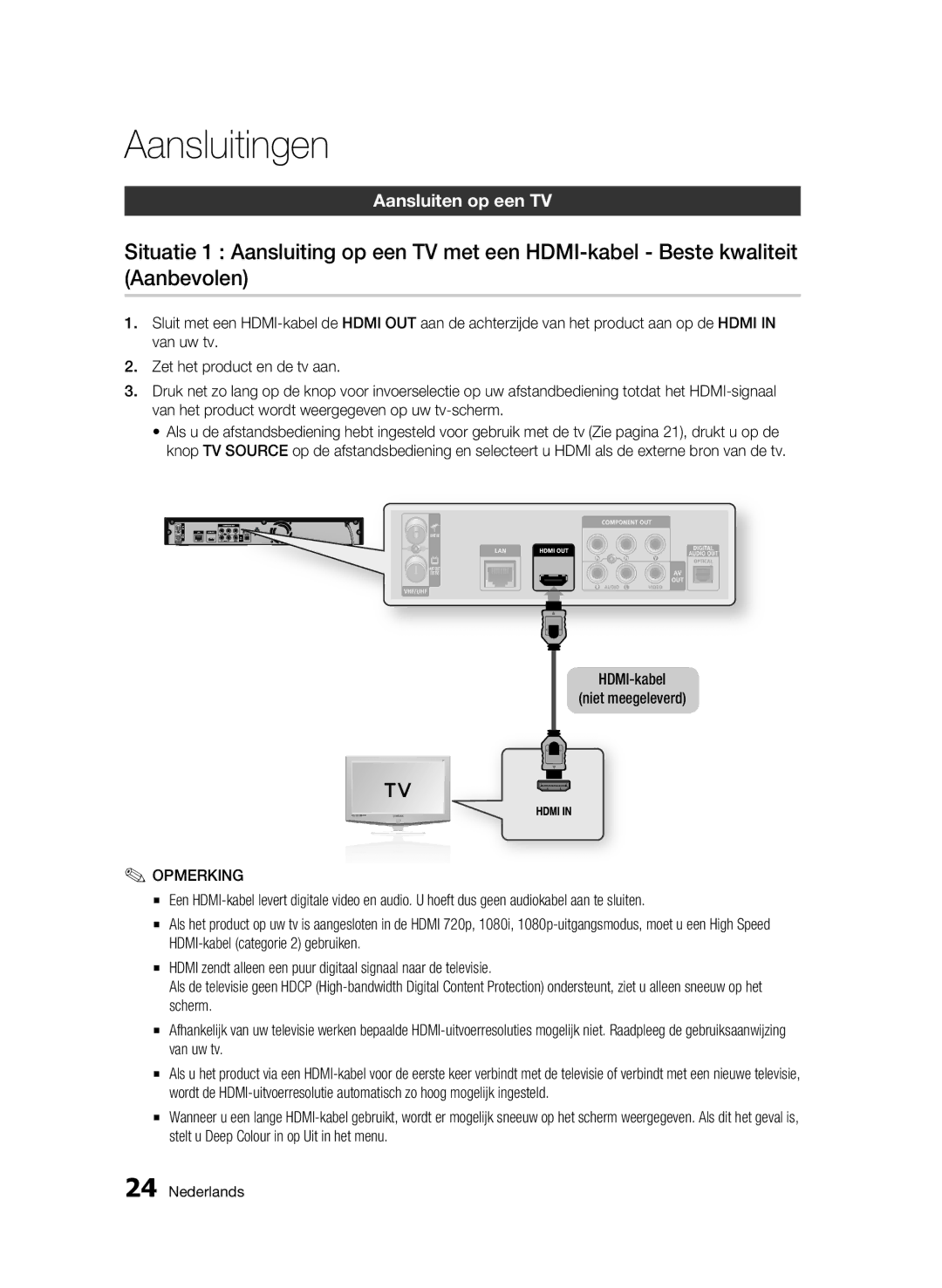 Samsung BD-C8200/EDC, BD-C8500/EDC, BD-C8200/XEN, BD-C8500/XEN manual Aansluiten op een TV, HDMI-kabel Niet meegeleverd 