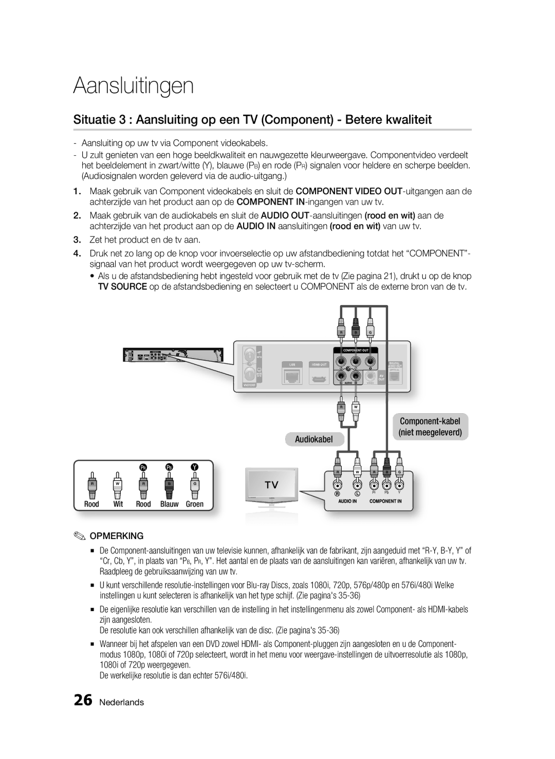 Samsung BD-C8200/XEN, BD-C8200/EDC, BD-C8500/EDC, BD-C8500/XEN Situatie 3 Aansluiting op een TV Component Betere kwaliteit 