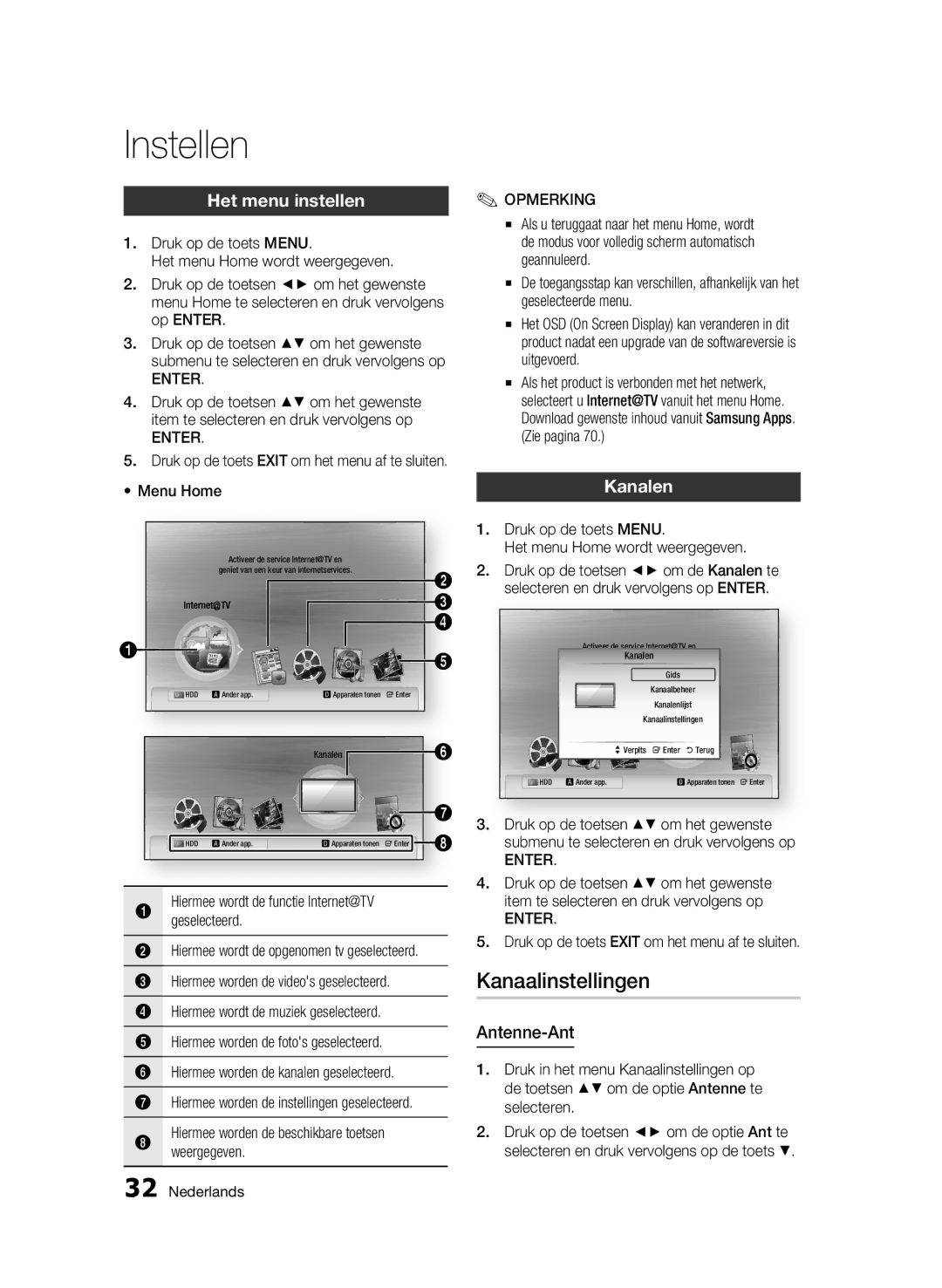 Samsung BD-C8200/XEN, BD-C8200/EDC, BD-C8500/EDC, BD-C8500/XEN Kanaalinstellingen, Het menu instellen, Kanalen, Antenne-Ant 