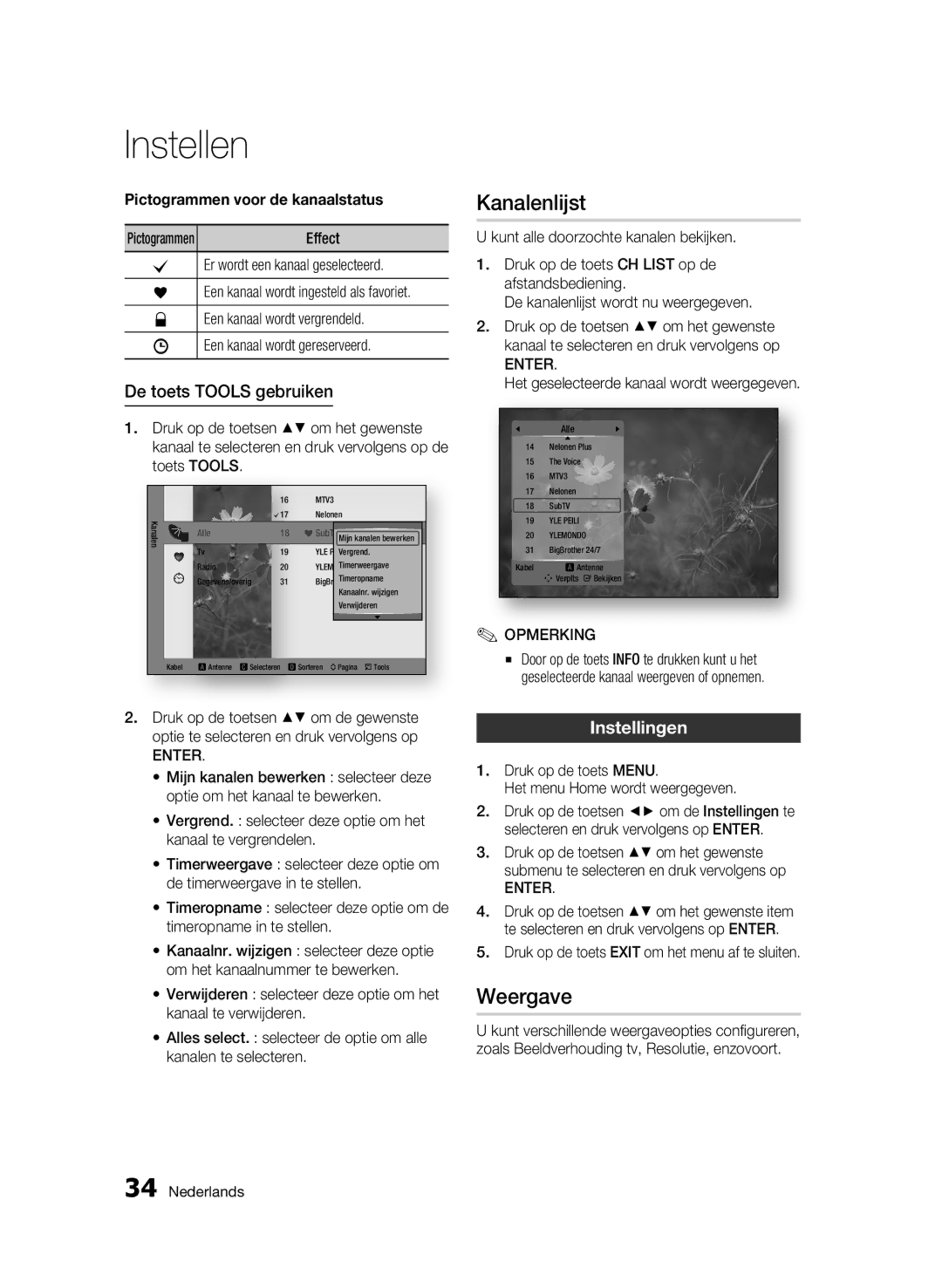 Samsung BD-C8200/XEF Kanalenlijst, Weergave, De toets Tools gebruiken, Instellingen, Pictogrammen voor de kanaalstatus 