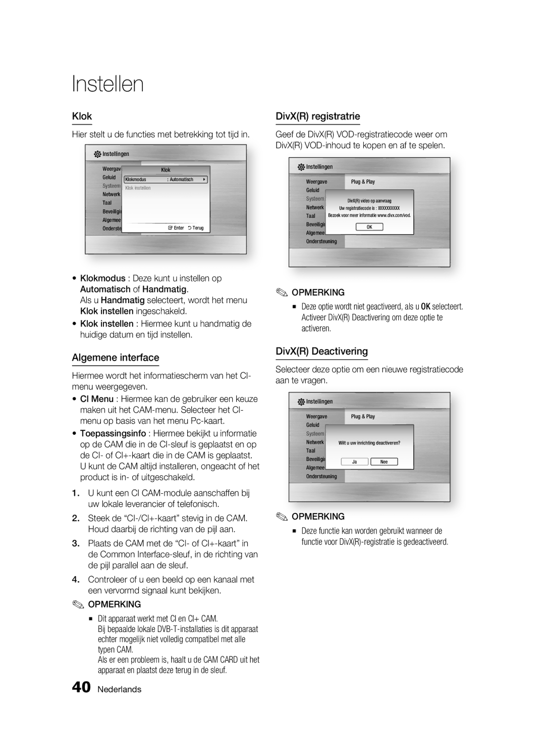 Samsung BD-C8200/XEF, BD-C8200/EDC, BD-C8500/EDC manual Klok, Algemene interface, DivXR registratrie, DivXR Deactivering 