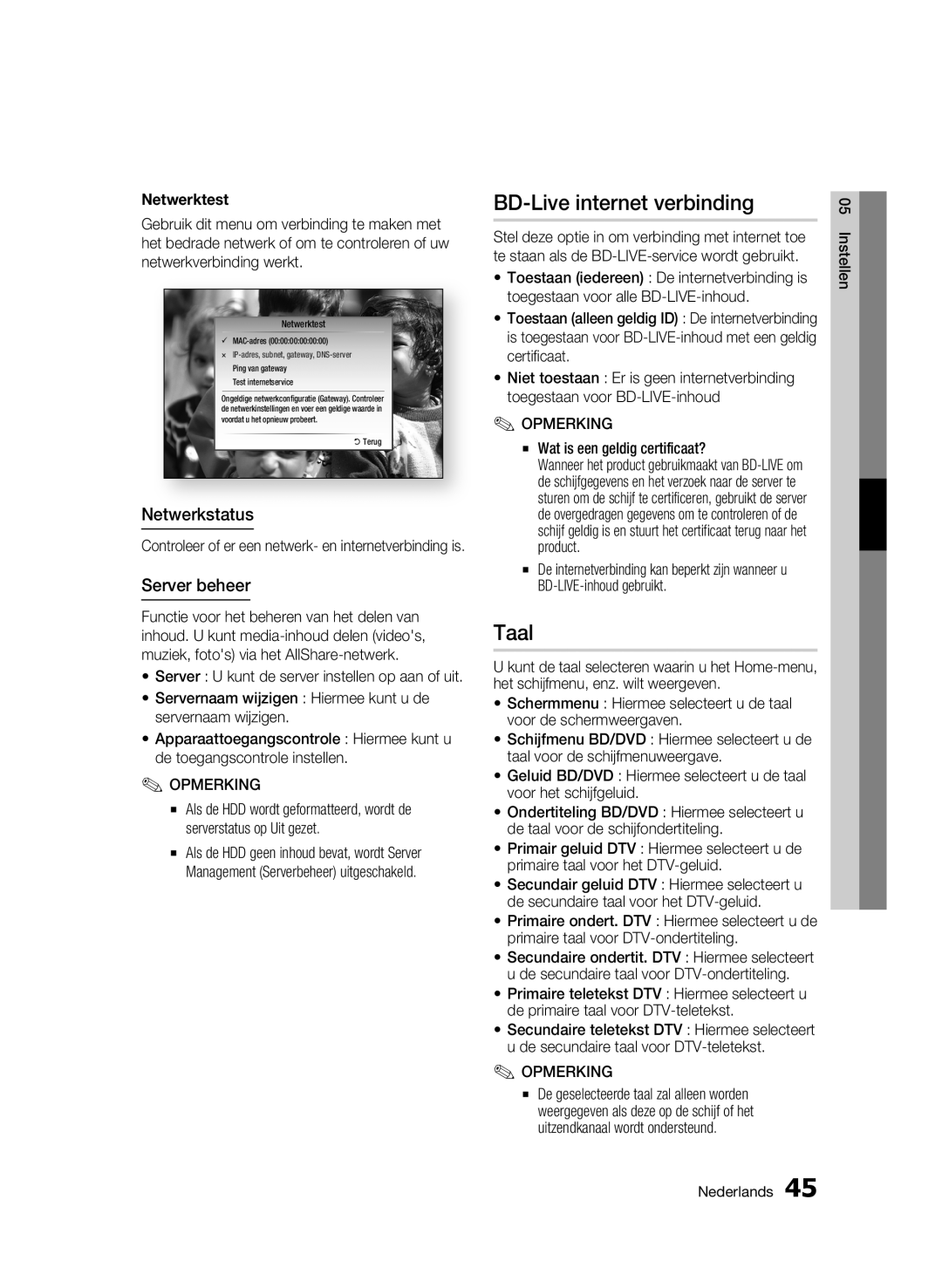 Samsung BD-C8500/XEN, BD-C8200/EDC manual BD-Live internet verbinding, Taal, Netwerkstatus, Server beheer, Netwerktest 