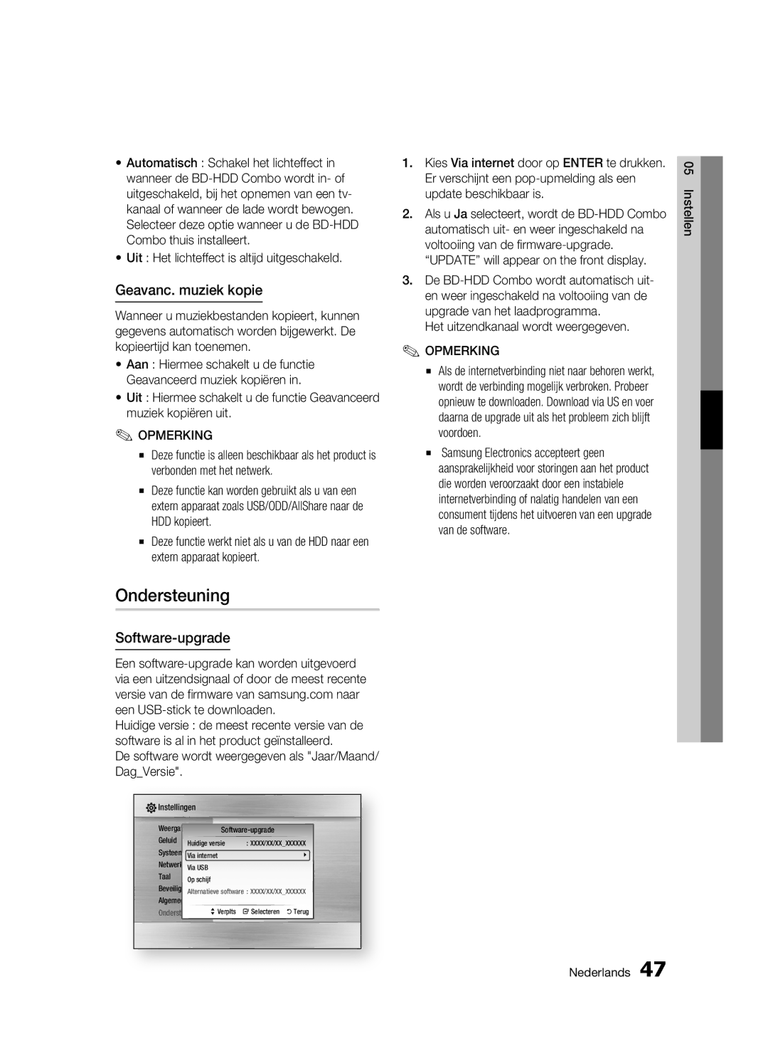 Samsung BD-C8500/XEF Ondersteuning, Geavanc. muziek kopie, Software-upgrade, Uit Het lichteffect is altijd uitgeschakeld 