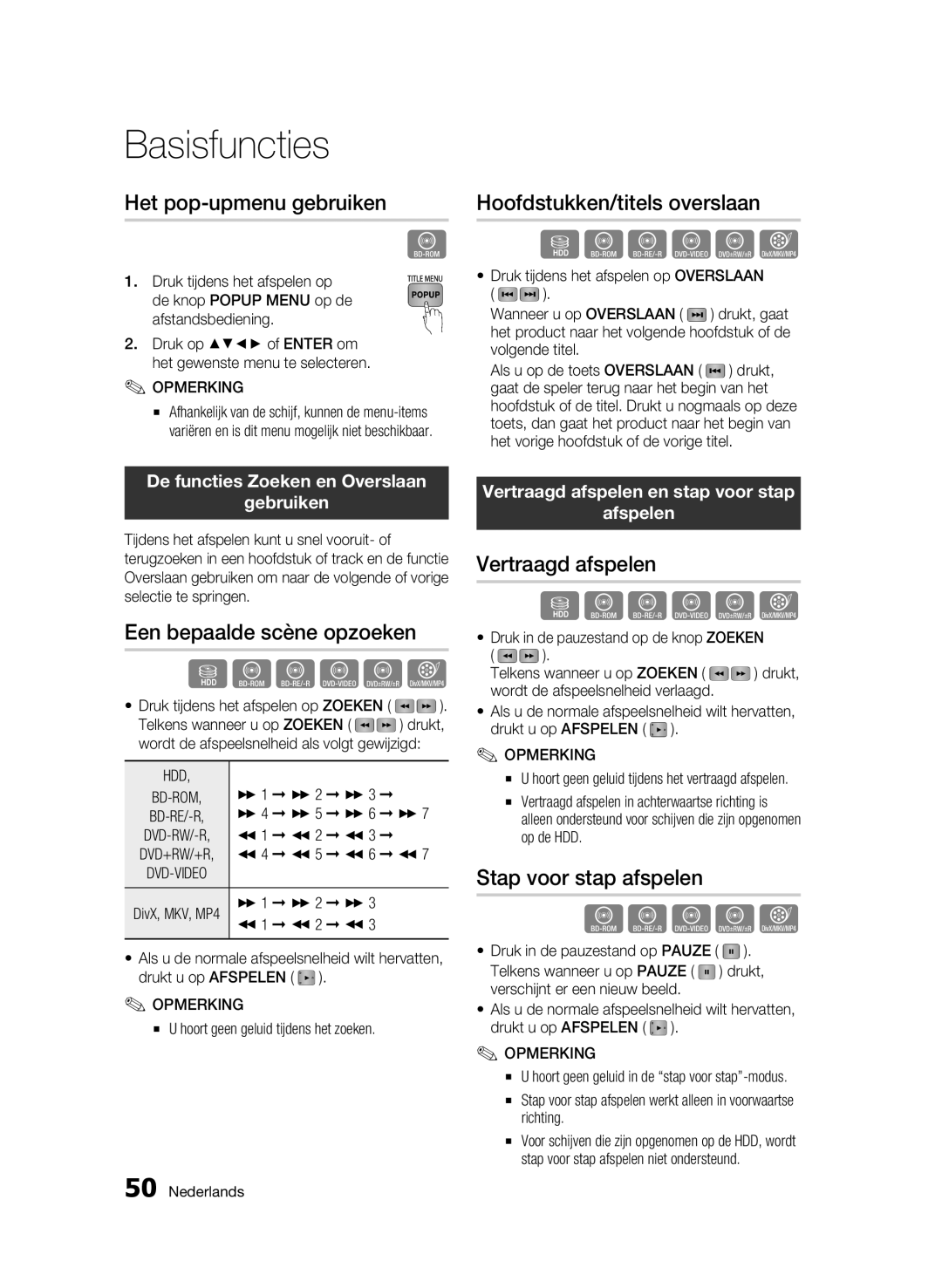 Samsung BD-C8200/XEN, BD-C8200/EDC Het pop-upmenu gebruiken, Een bepaalde scène opzoeken, Hoofdstukken/titels overslaan 