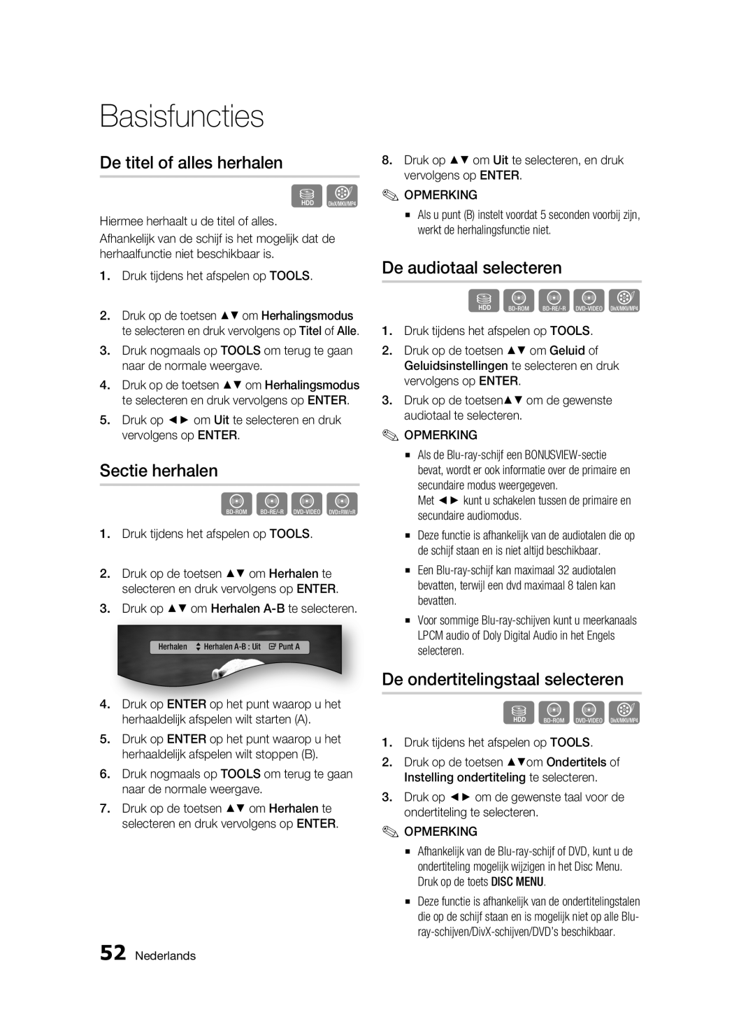 Samsung BD-C8200/XEF, BD-C8200/EDC, BD-C8500/EDC manual De titel of alles herhalen, Sectie herhalen, De audiotaal selecteren 