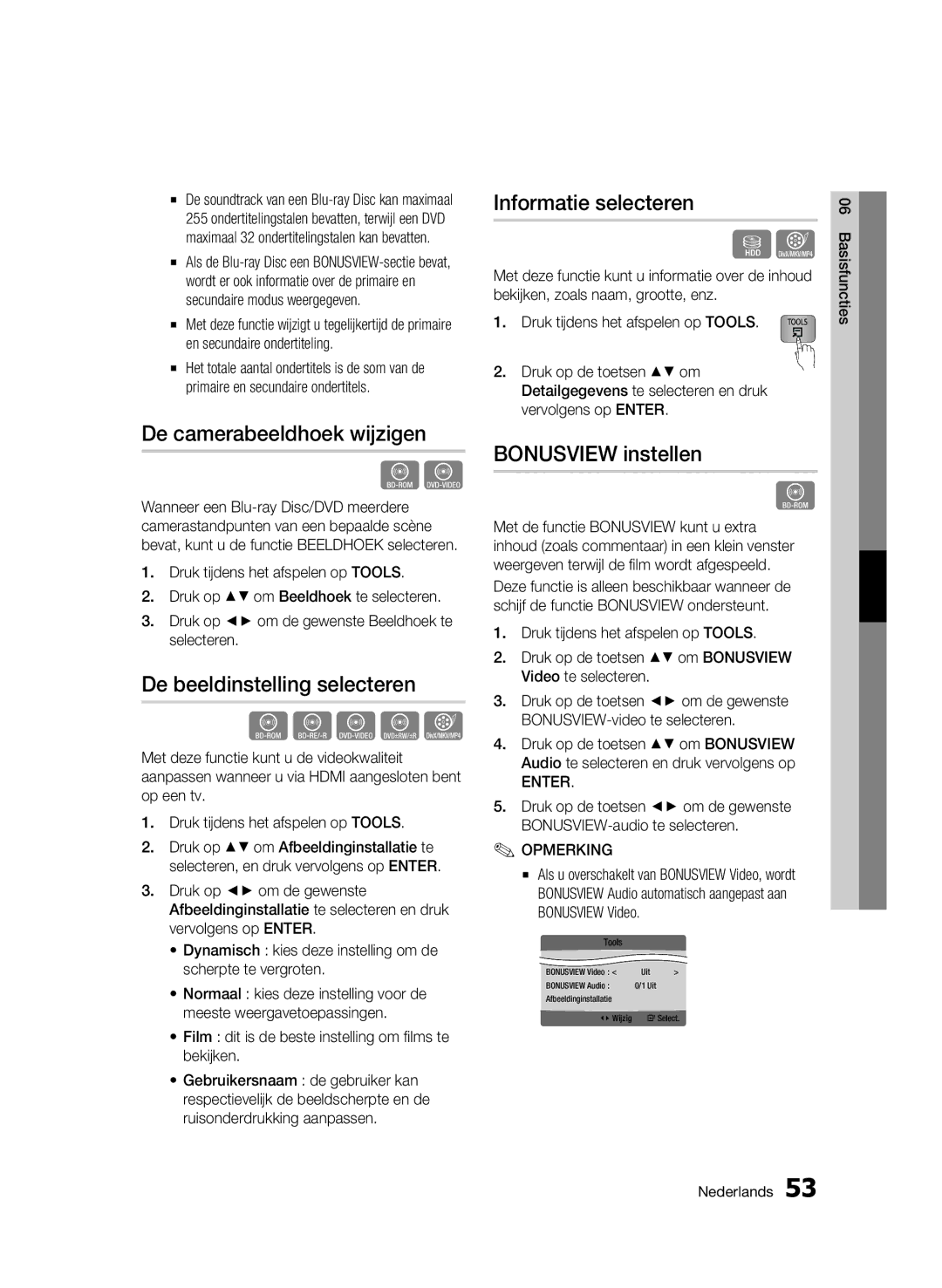 Samsung BD-C8500/XEF, BD-C8200/EDC manual De camerabeeldhoek wijzigen, De beeldinstelling selecteren, Informatie selecteren 