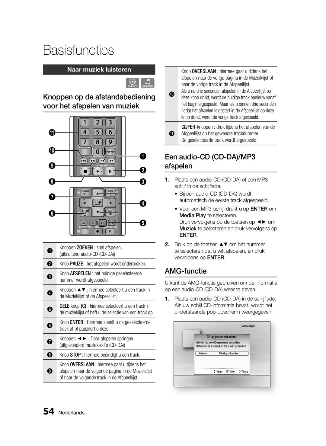 Samsung BD-C8200/EDC, BD-C8500/EDC, BD-C8200/XEN manual Een audio-CD CD-DA/MP3 afspelen, AMG-functie, Naar muziek luisteren 