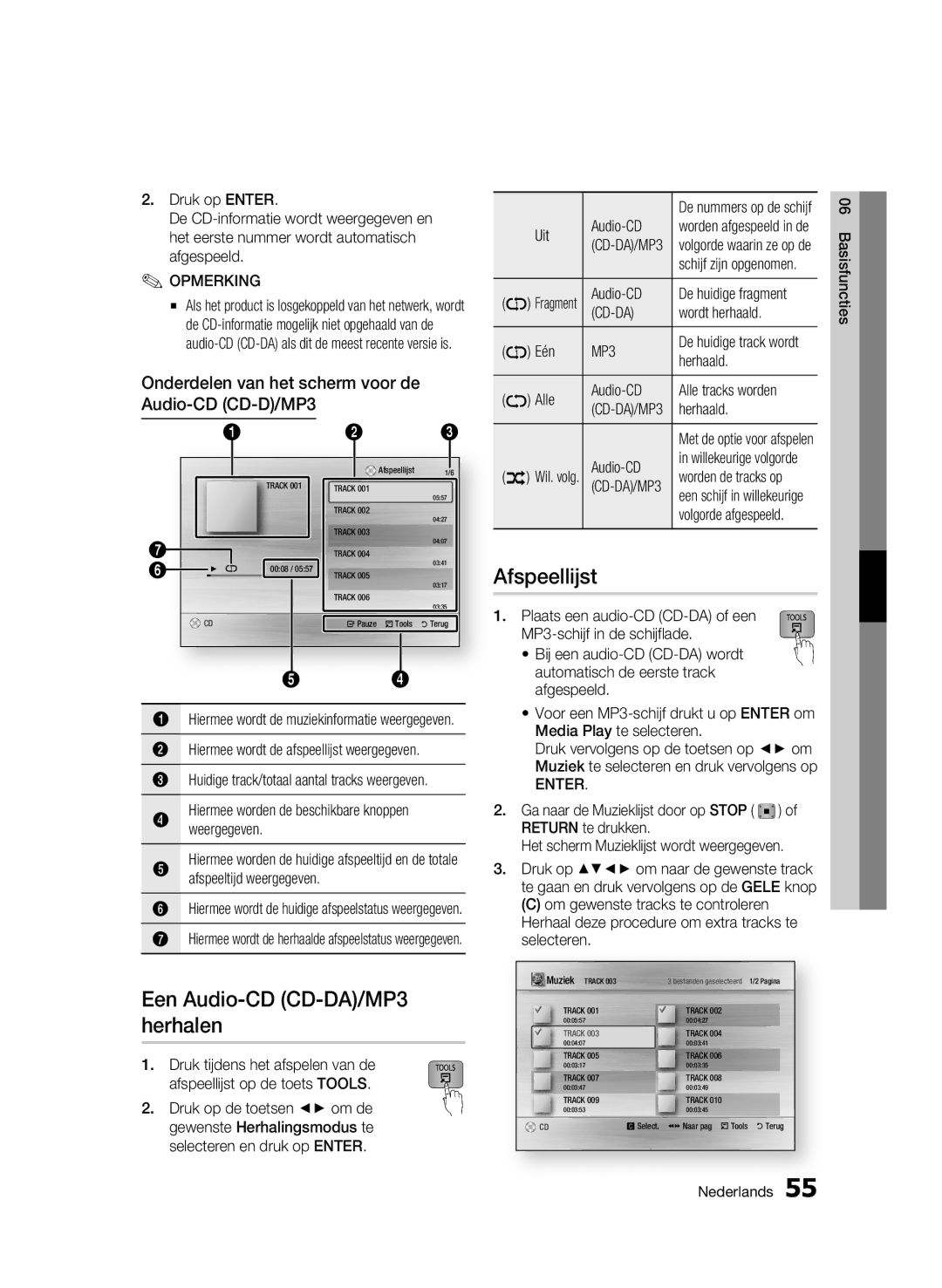 Samsung BD-C8500/EDC Een Audio-CD CD-DA/MP3 herhalen, Afspeellijst, Onderdelen van het scherm voor de Audio-CDCD-D/MP3 