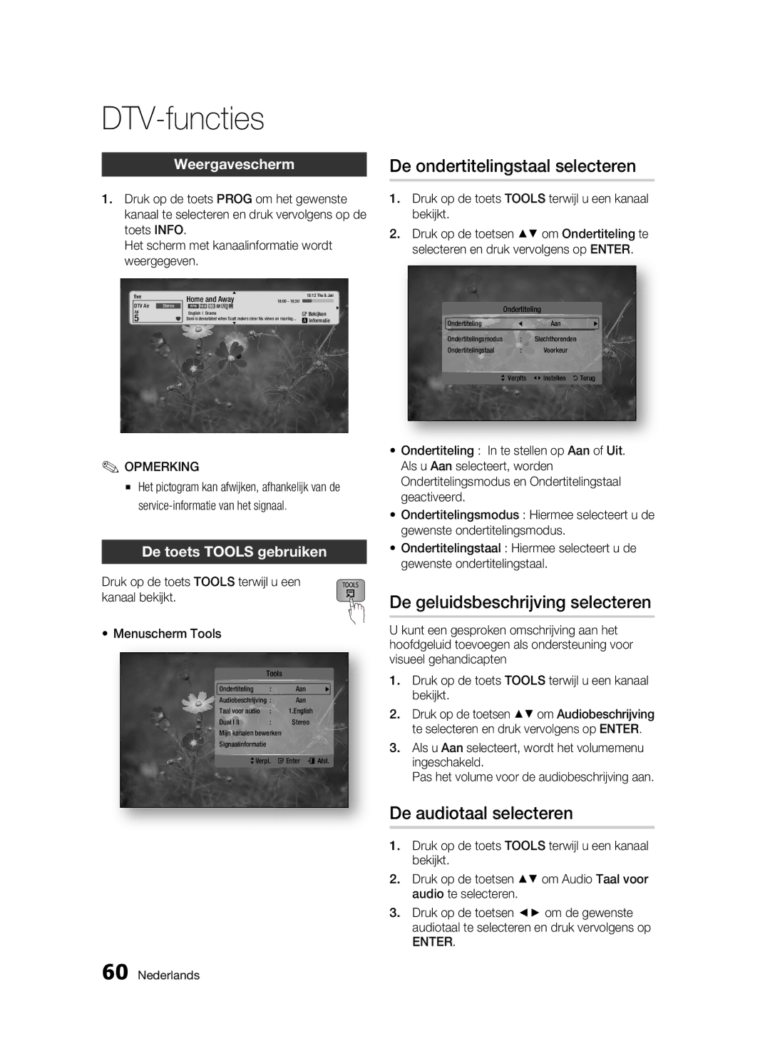 Samsung BD-C8200/EDC manual DTV-functies, De geluidsbeschrijving selecteren, Weergavescherm, De toets Tools gebruiken 