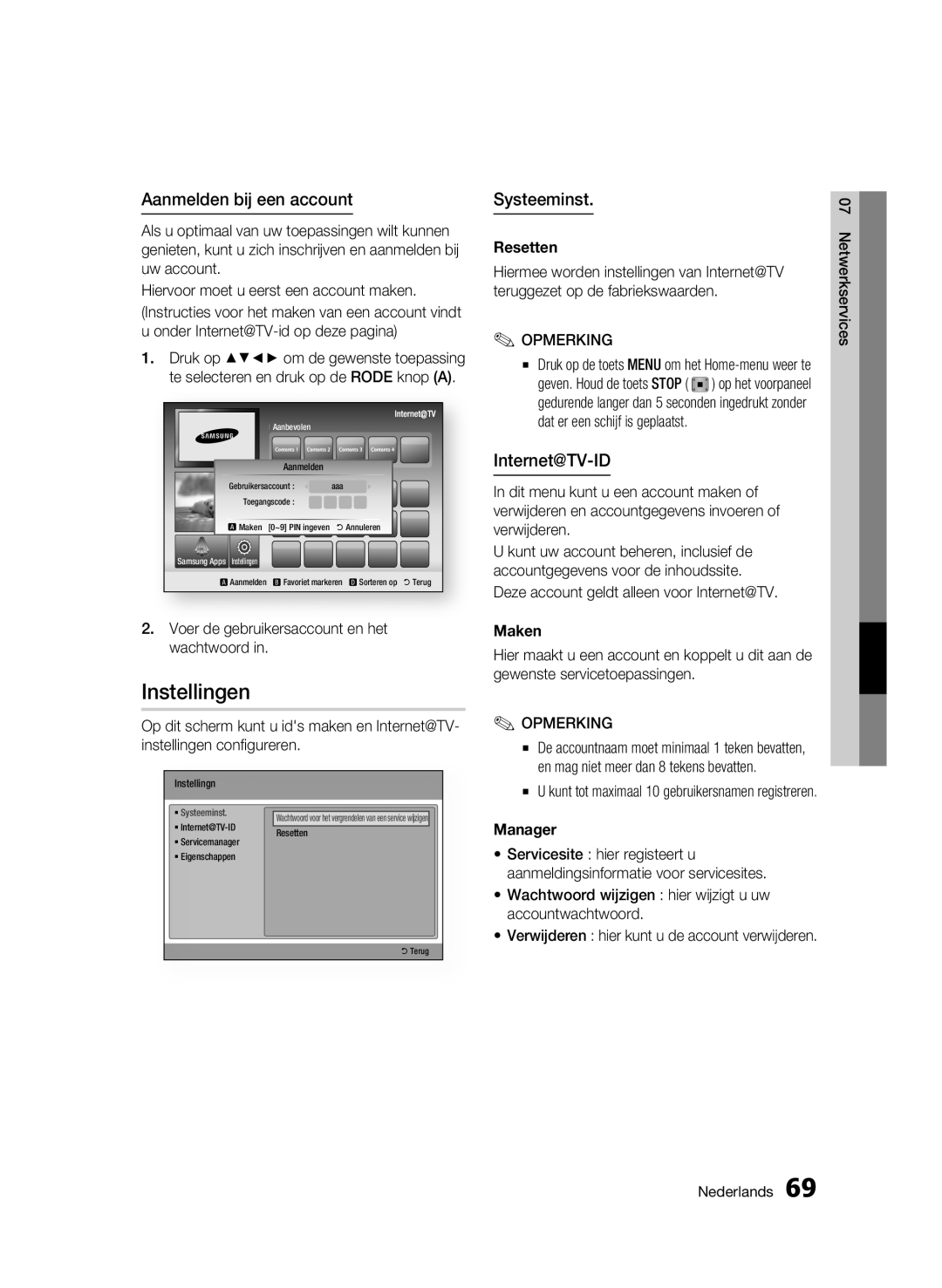 Samsung BD-C8500/XEN, BD-C8200/EDC, BD-C8500/EDC manual Instellingen, Aanmelden bij een account, Systeeminst, Internet@TV-ID 